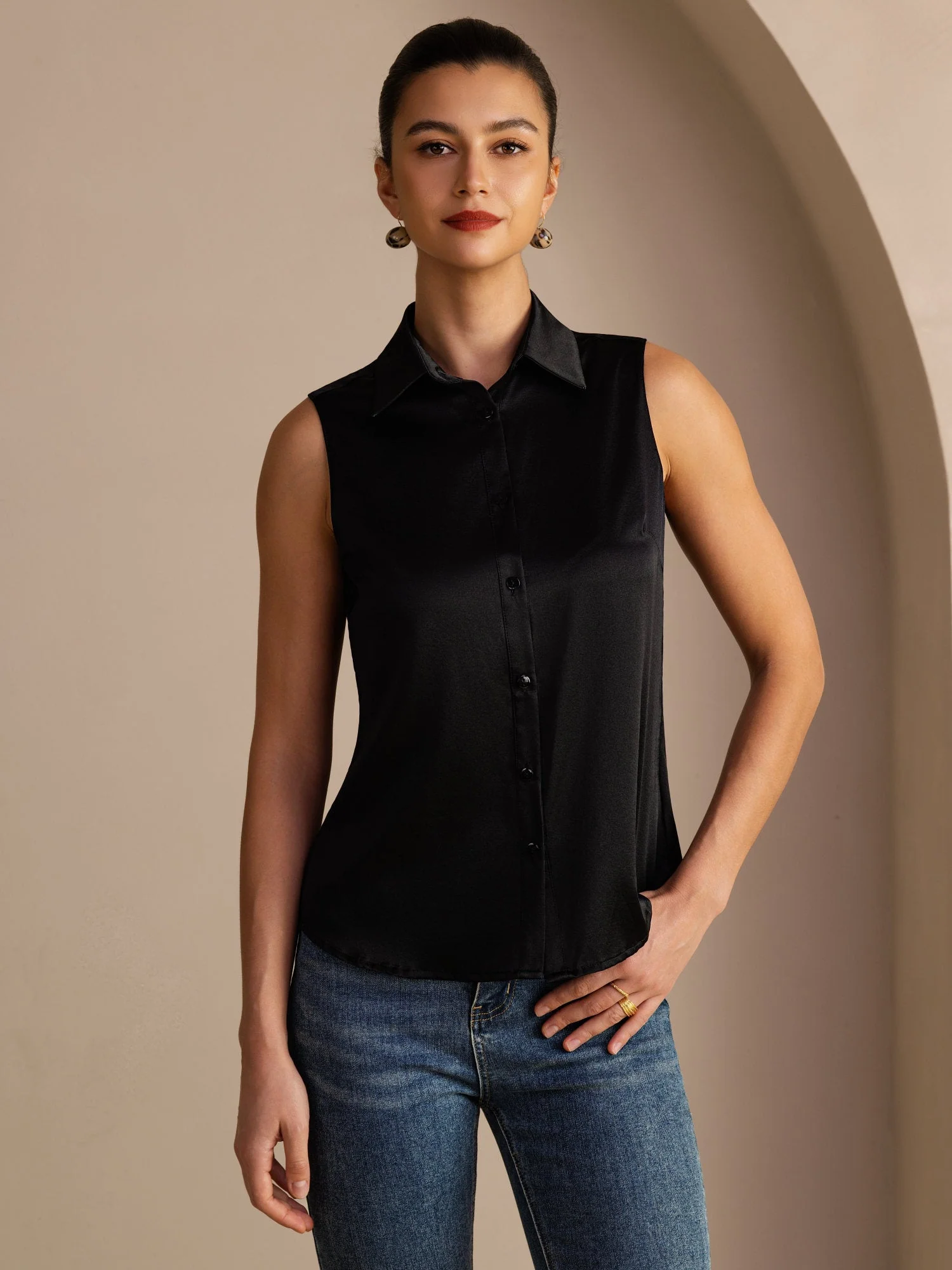 19Momme Silk Sleeveless Lapel Collar Women's Shirt with Button Up Design - Image 15