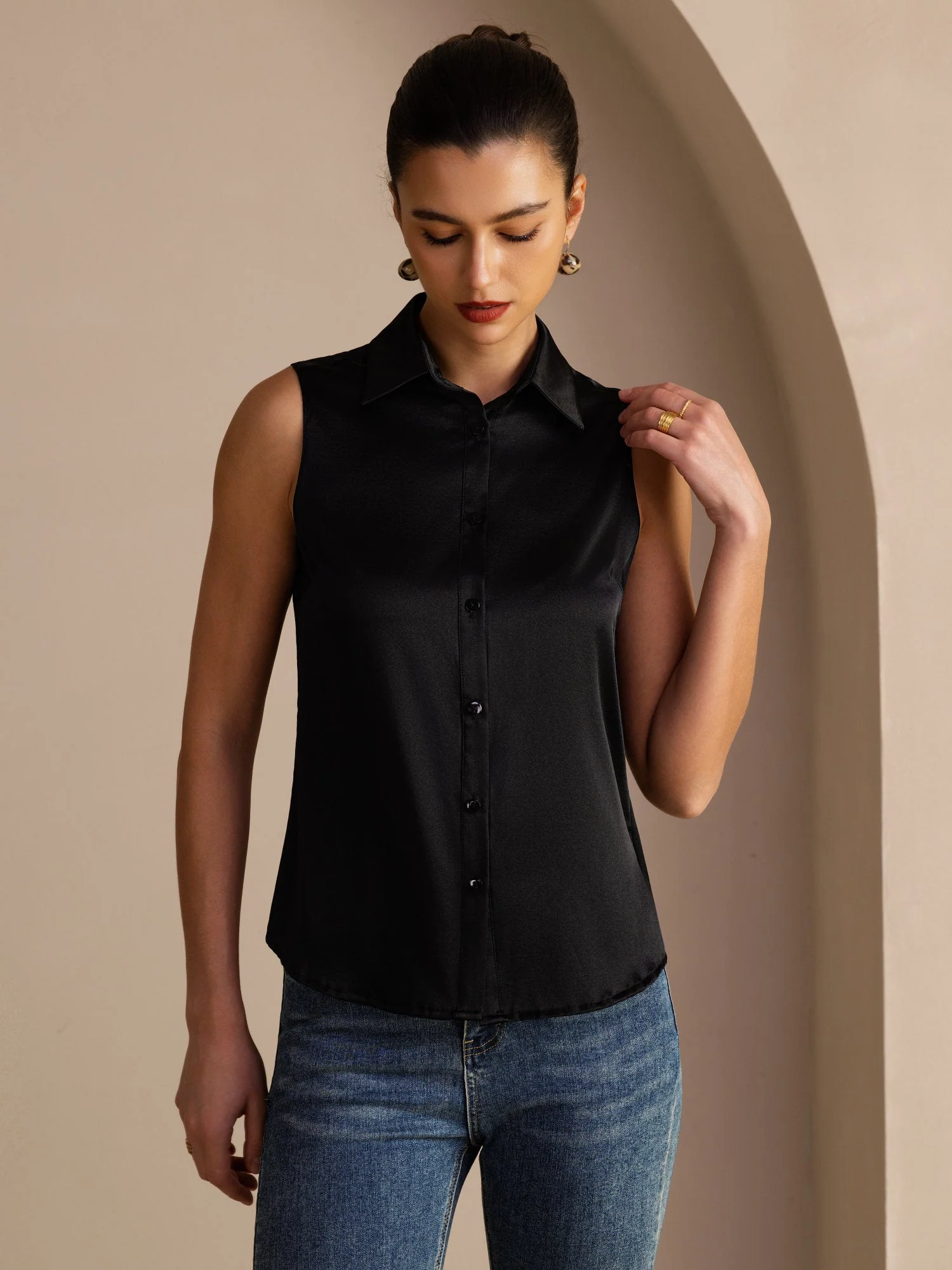 19Momme Silk Sleeveless Lapel Collar Women's Shirt with Button Up Design - Image 19