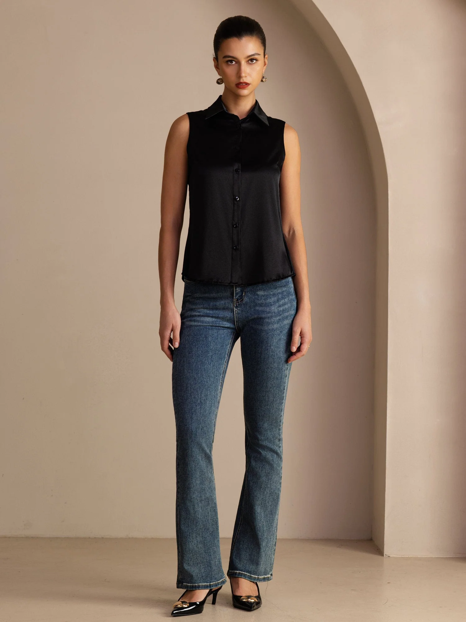19Momme Silk Sleeveless Lapel Collar Women's Shirt with Button Up Design - Image 20