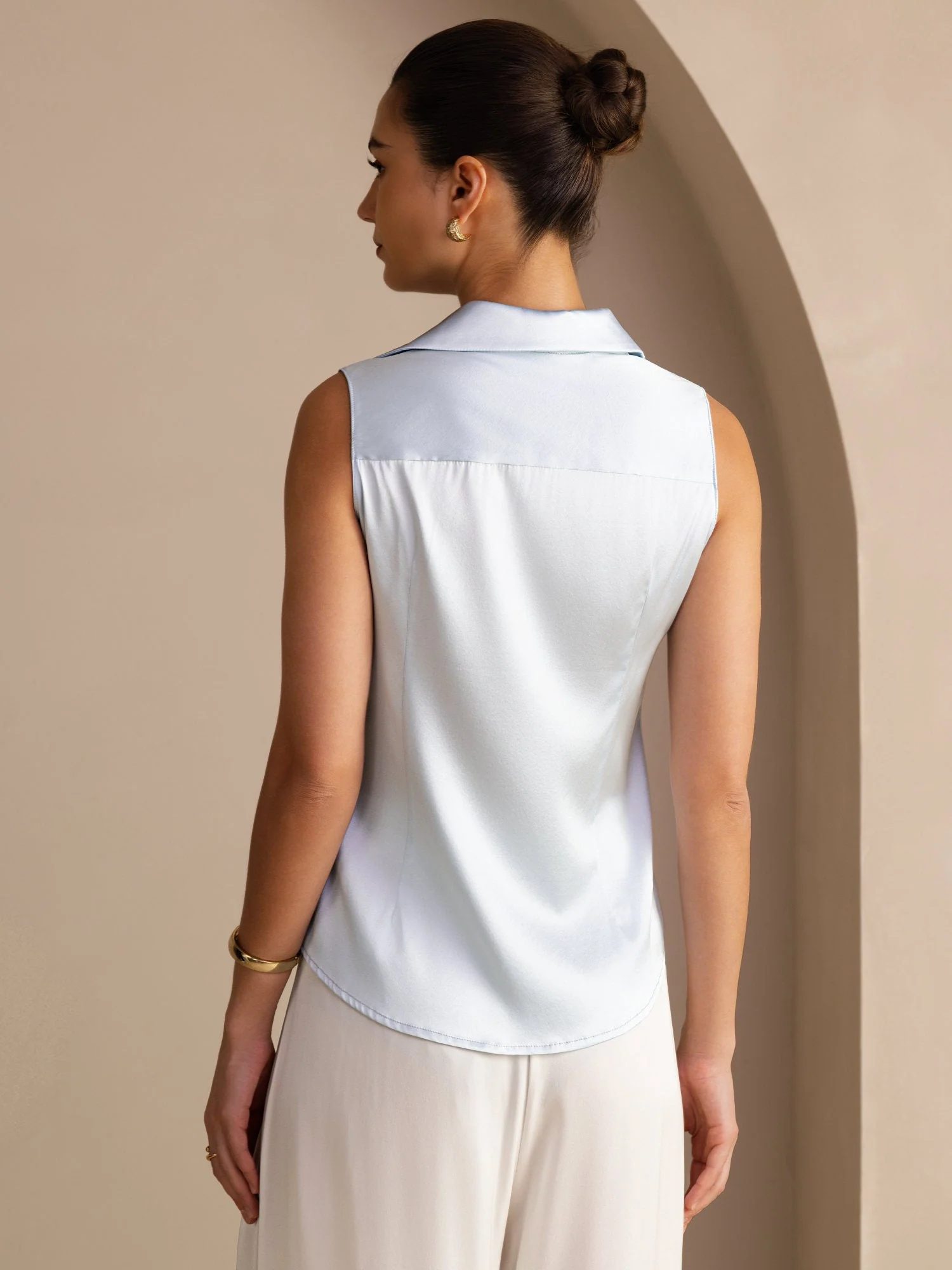 19Momme Silk Sleeveless Lapel Collar Women's Shirt with Button Up Design - Image 22