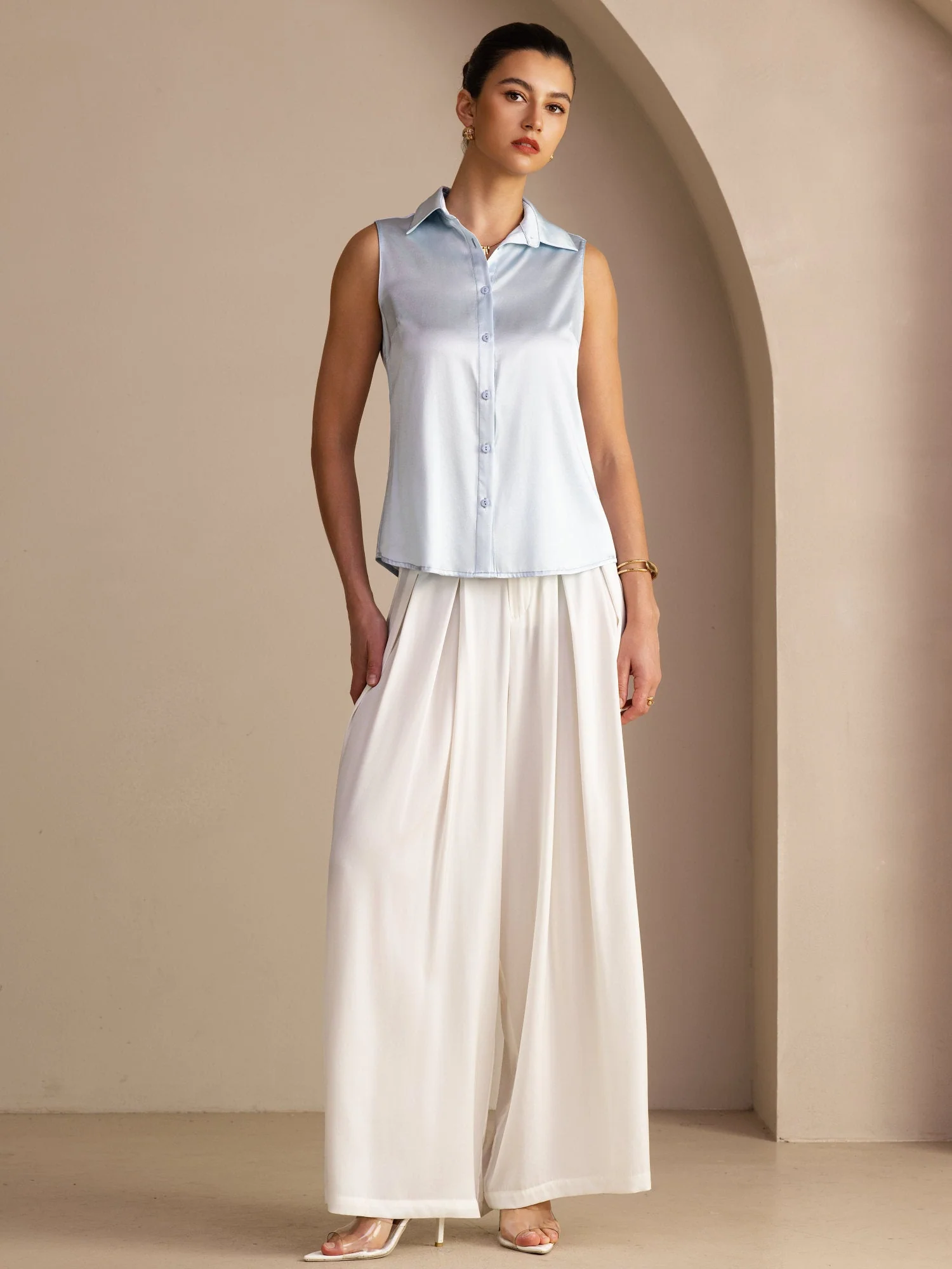 19Momme Silk Sleeveless Lapel Collar Women's Shirt with Button Up Design - Image 25