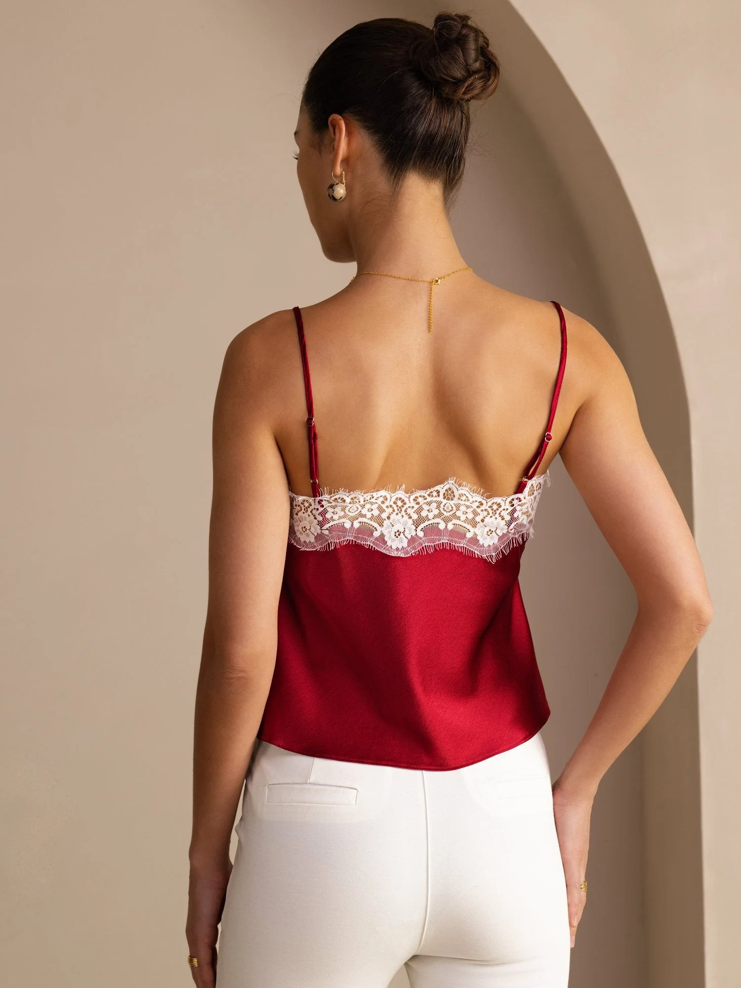 19Momme Silk Women's Adjustable Spaghetti Strap V Neck Lace Trim Camisole Top - Image 15