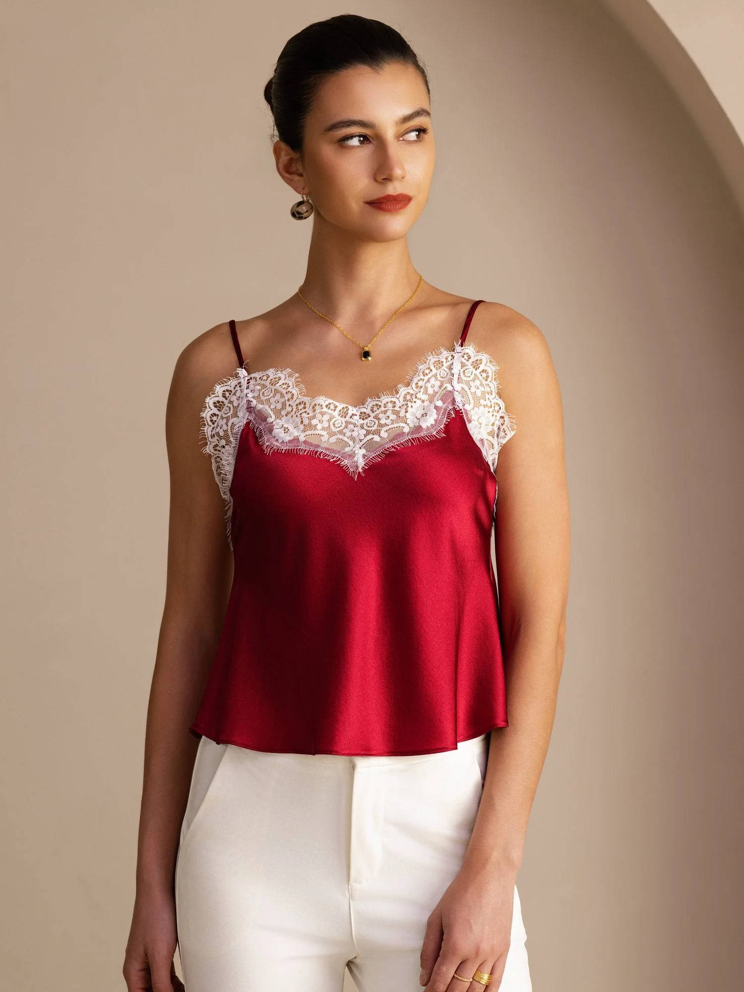19Momme Silk Women's Adjustable Spaghetti Strap V Neck Lace Trim Camisole Top - Image 16