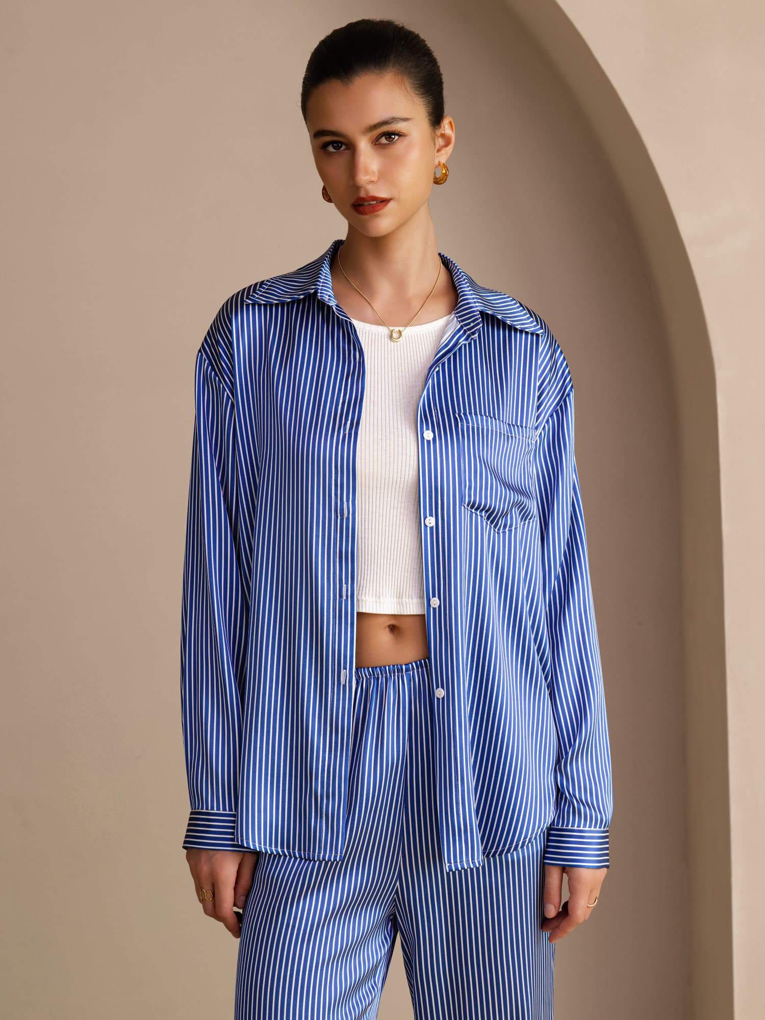 19Momme Silk Women's Pinstripe Pattern Long Sleeve Shirt & Long Pants Set - Image 11