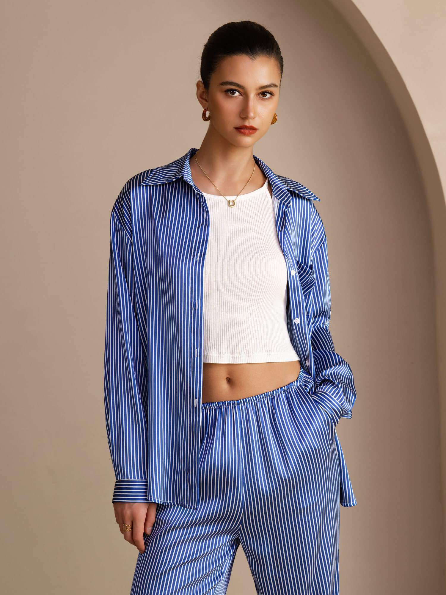 19Momme Silk Women's Pinstripe Pattern Long Sleeve Shirt & Long Pants Set - Image 12