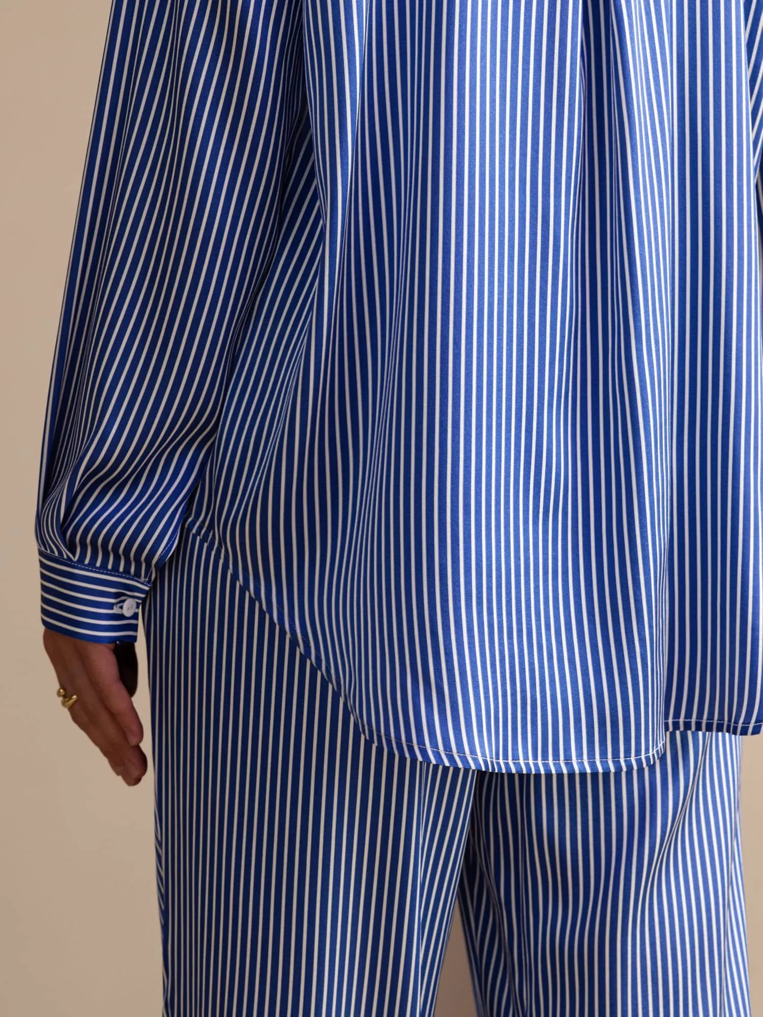 19Momme Silk Women's Pinstripe Pattern Long Sleeve Shirt & Long Pants Set - Image 13