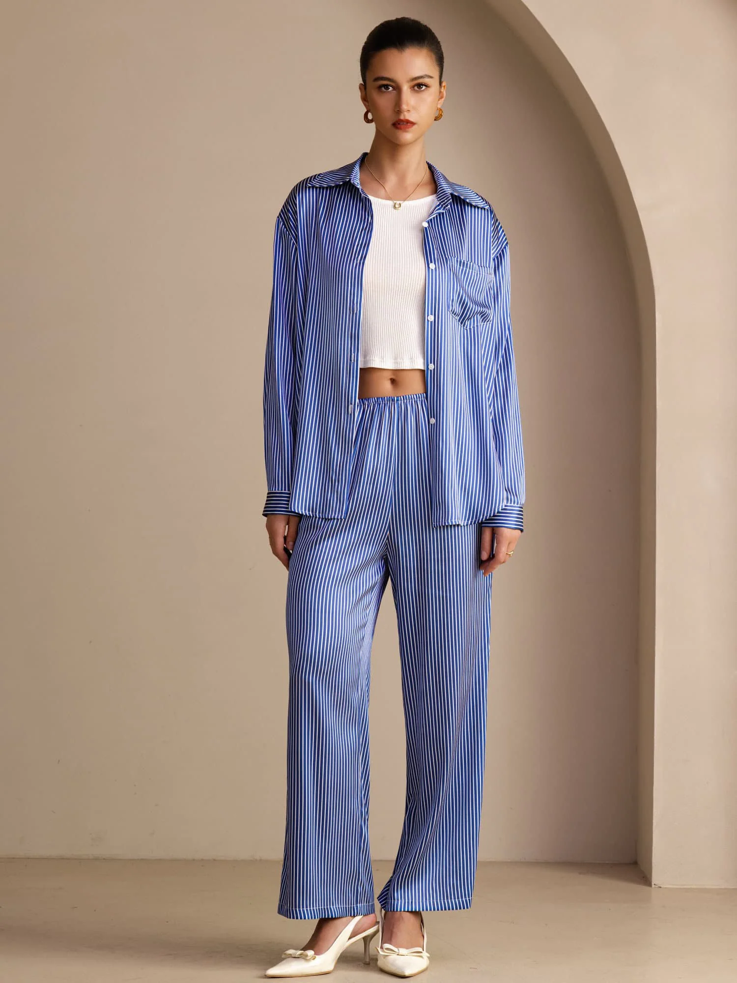 19Momme Silk Women's Pinstripe Pattern Long Sleeve Shirt & Long Pants Set - Image 14