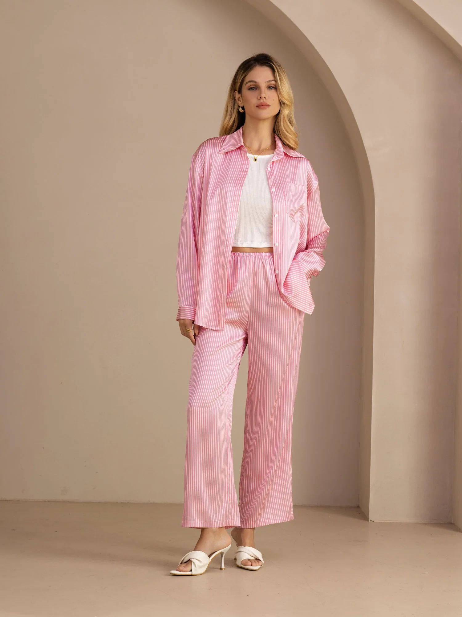 19Momme Silk Women's Pinstripe Pattern Long Sleeve Shirt & Long Pants Set - Image 7