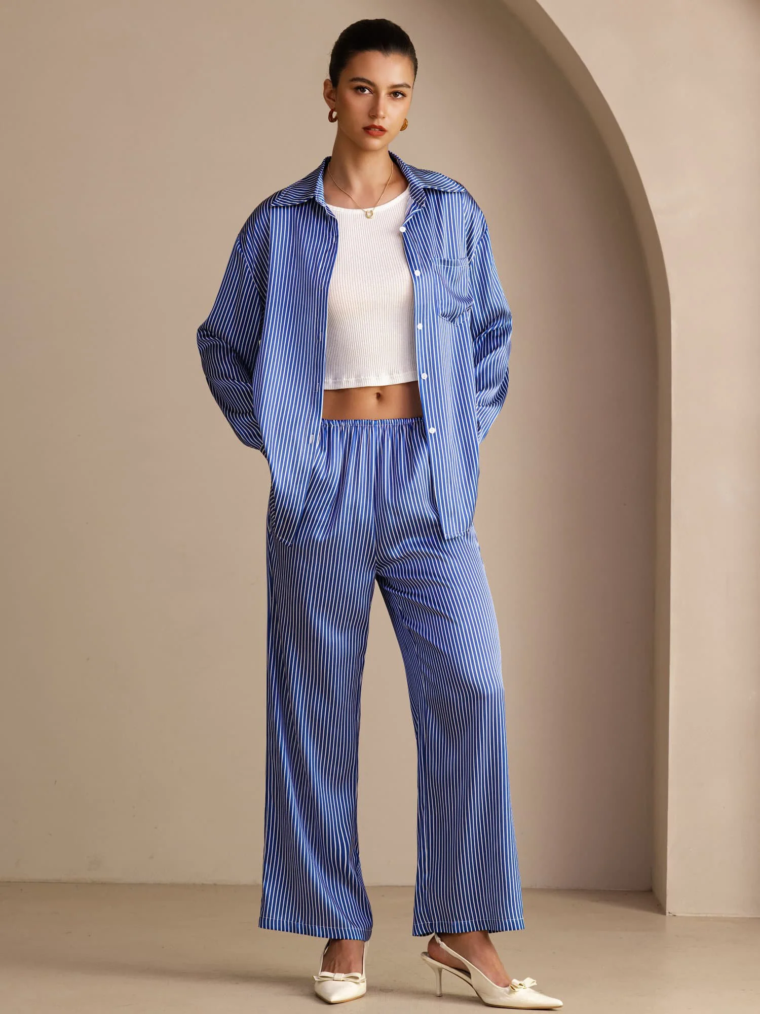 19Momme Silk Women's Pinstripe Pattern Long Sleeve Shirt & Long Pants Set - Image 8