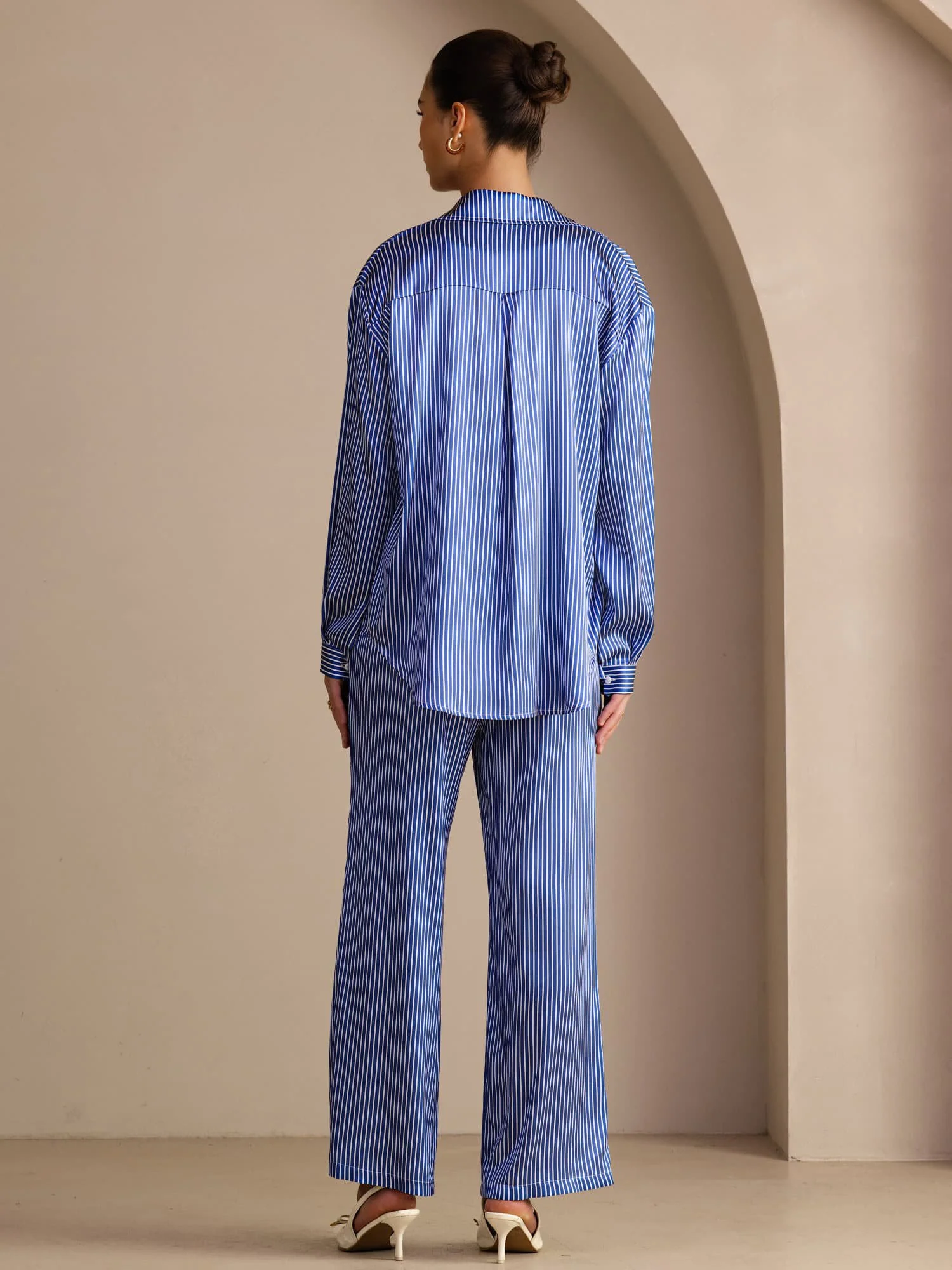 19Momme Silk Women's Pinstripe Pattern Long Sleeve Shirt & Long Pants Set - Image 9