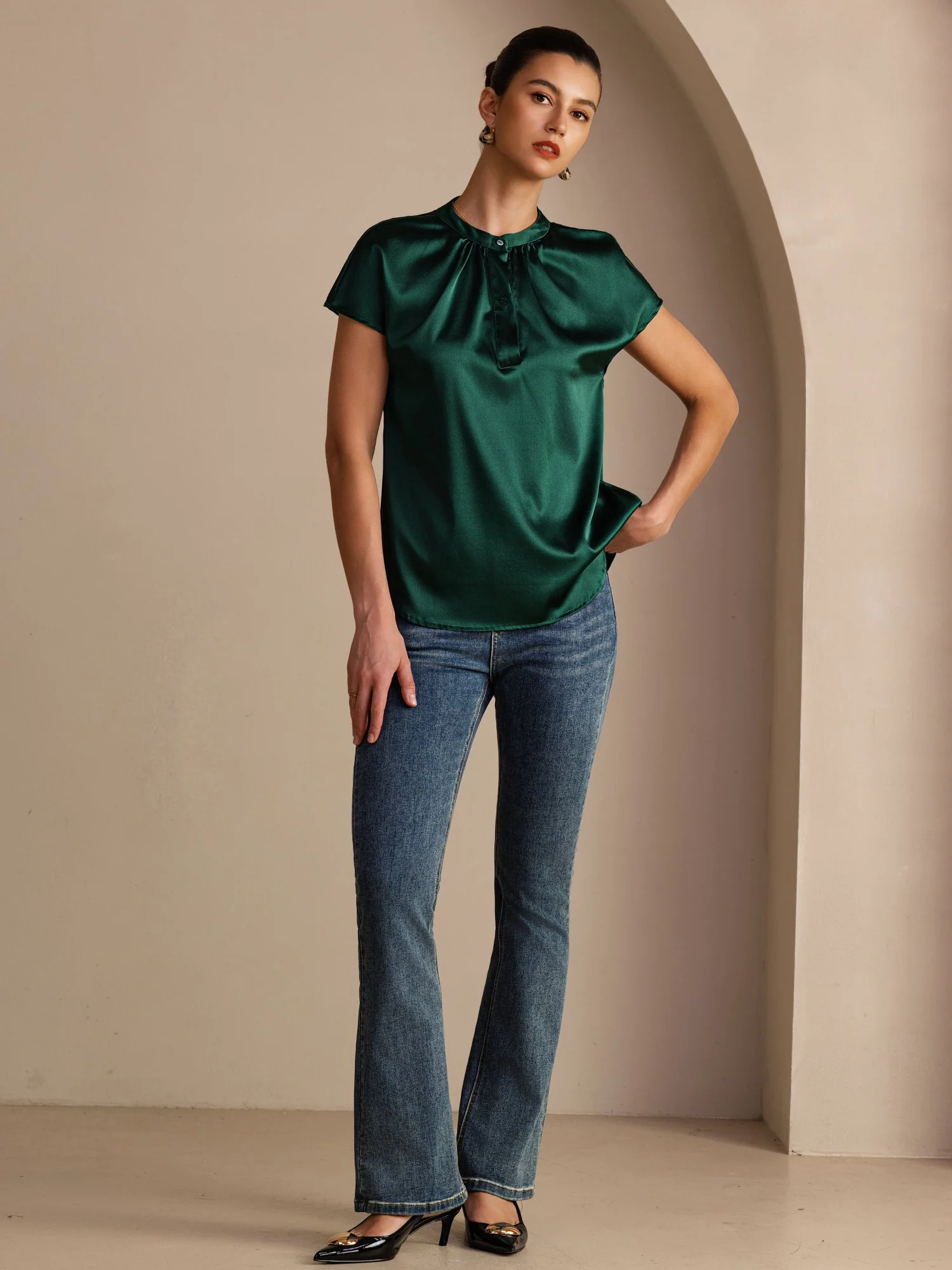 19Momme Silk Women’s Split Neck Short Sleeve Blouse - Image 18