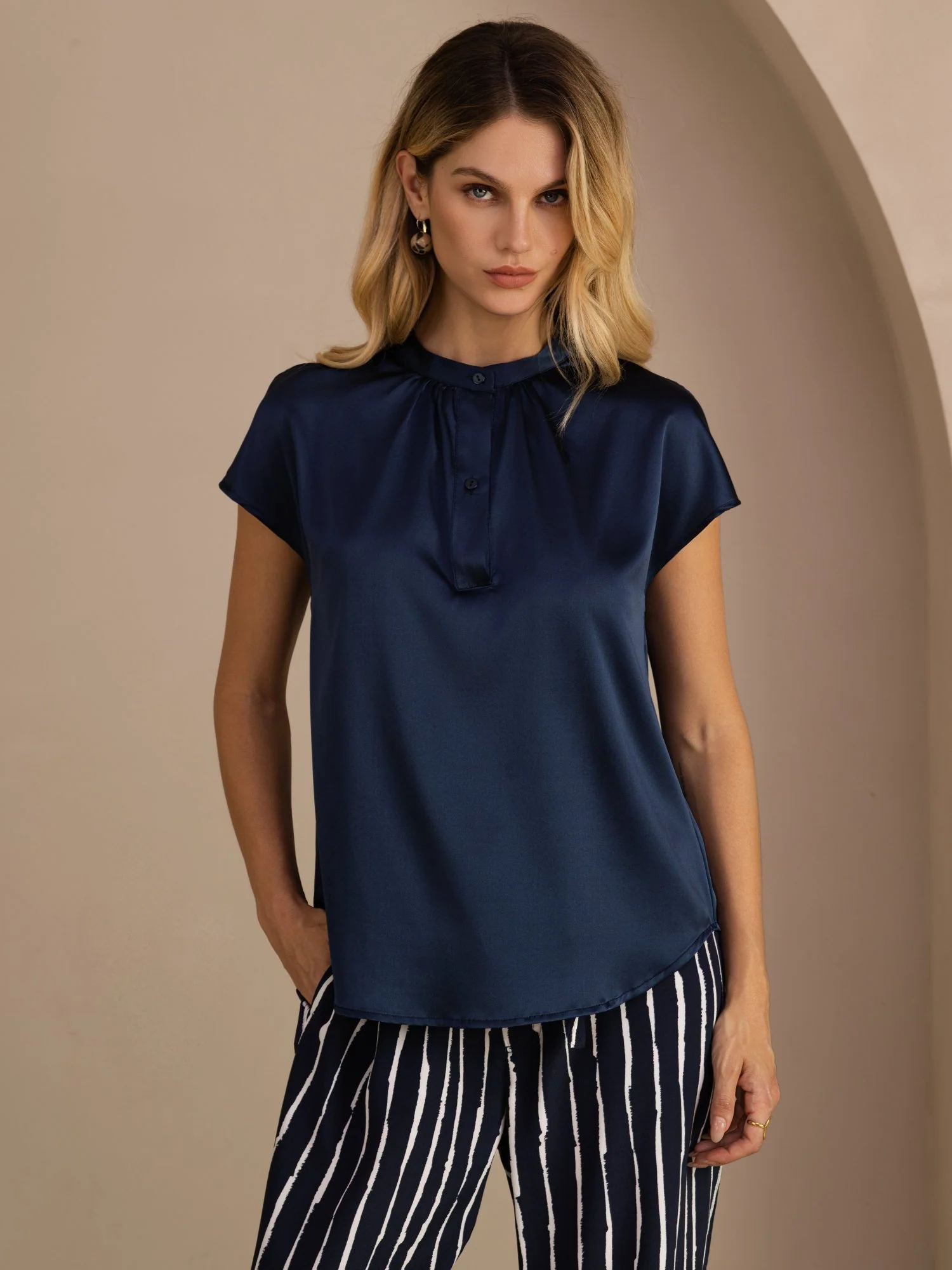 19Momme Silk Women’s Split Neck Short Sleeve Blouse - Image 3