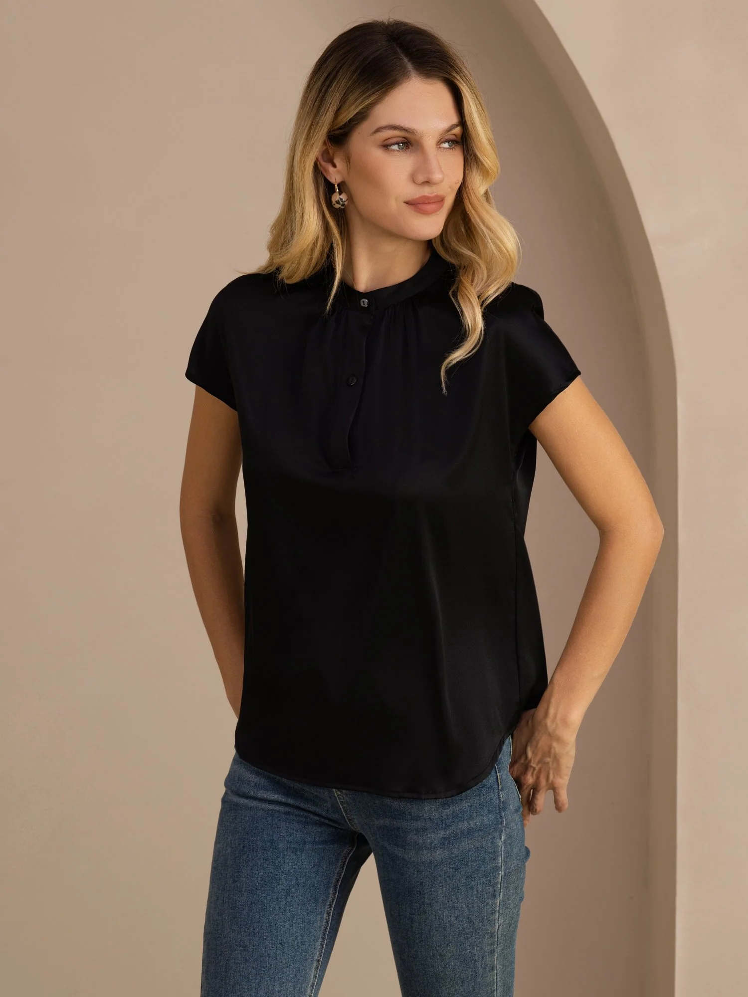 19Momme Silk Women’s Split Neck Short Sleeve Blouse - Image 7