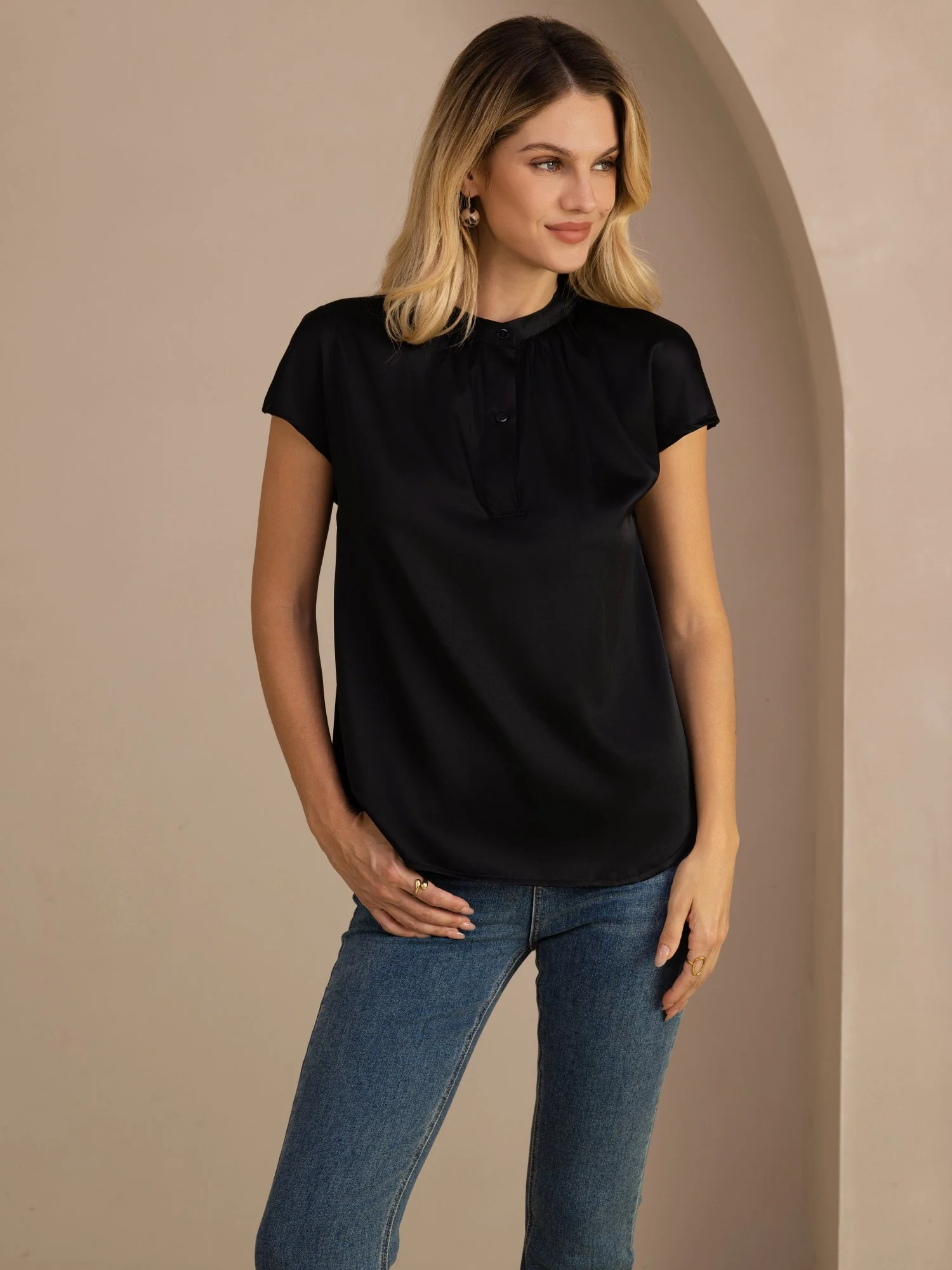19Momme Silk Women’s Split Neck Short Sleeve Blouse - Image 9