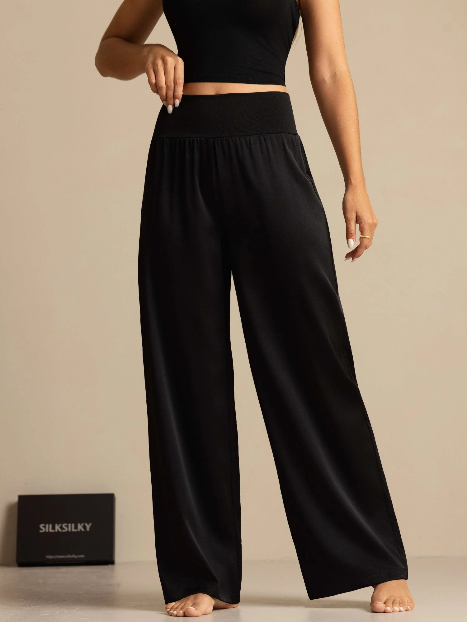 19Momme Silk Women's High-Waist Wide Leg Pants with Wide Stretch Waistband - Image 5