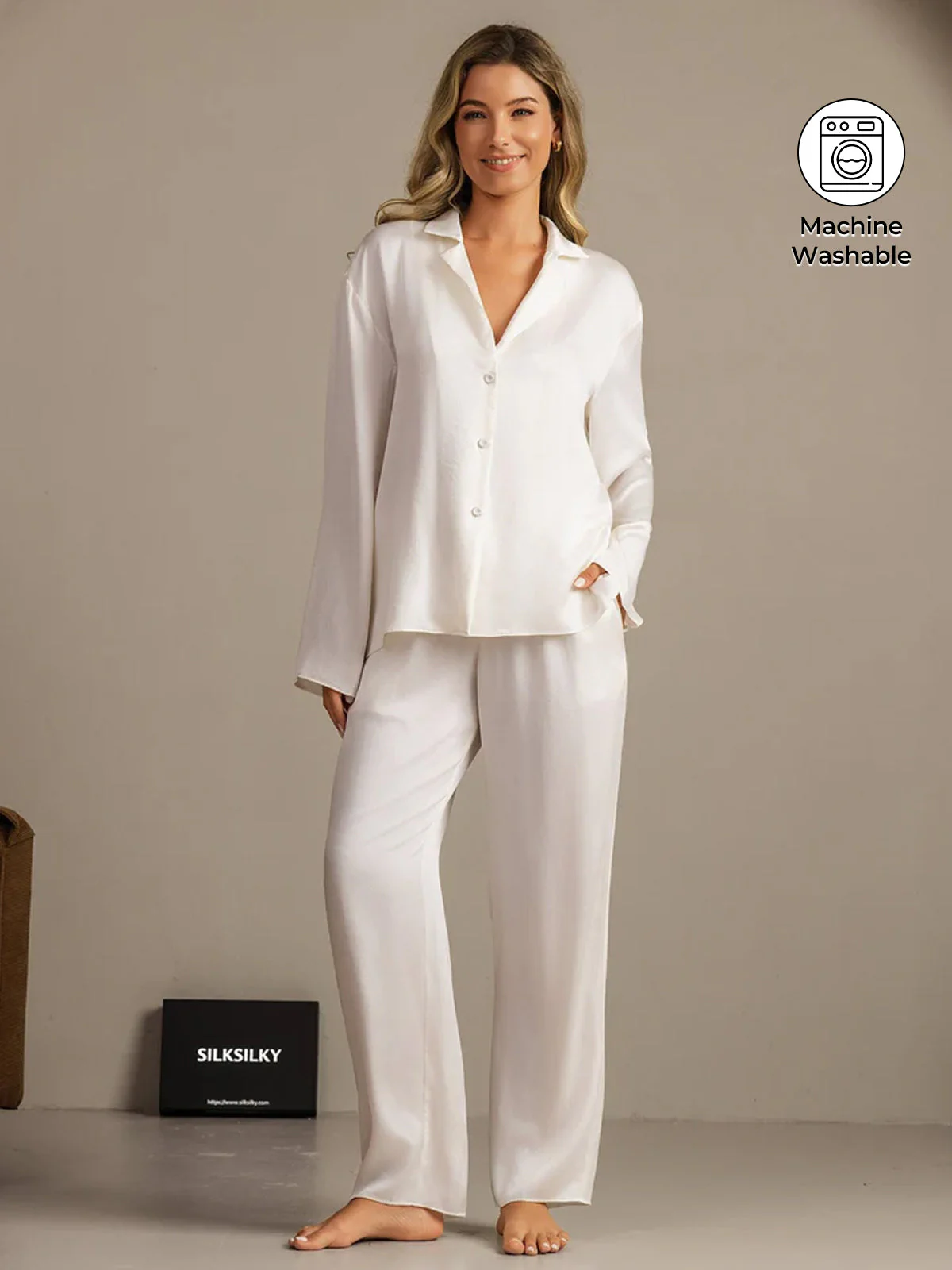 19Momme Washable Silk Long Sleeve Notch Collar Women's Pajamas Set