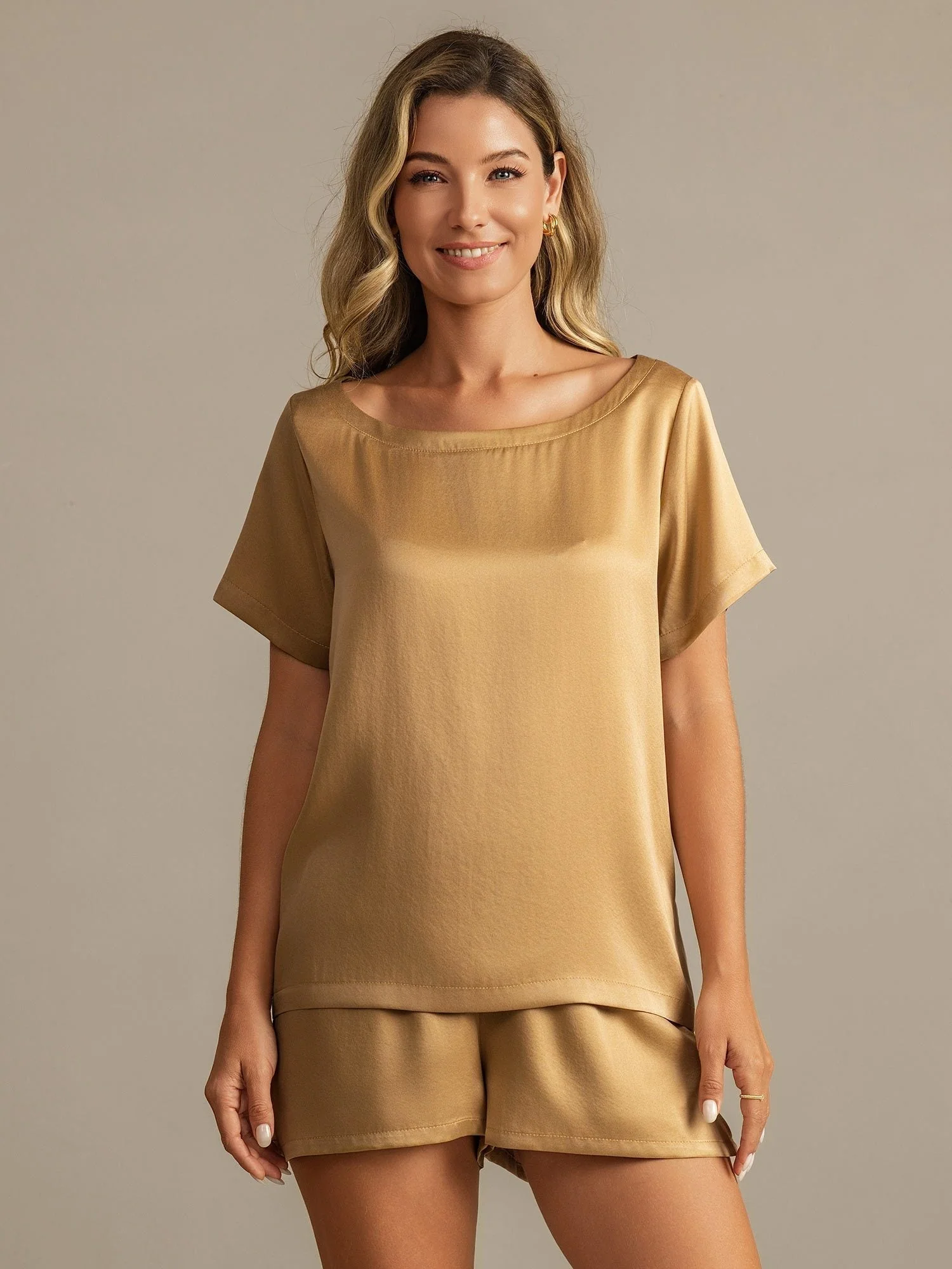 19Momme Women's Silk Short Sleeve Round Collar Pajamas Set with Side Pocket Design - Image 30