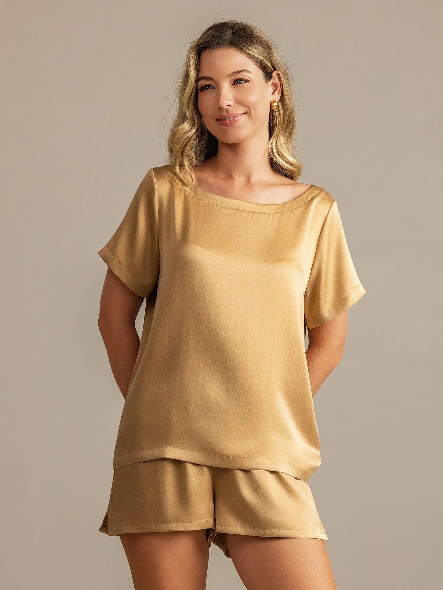 19Momme Women's Silk Short Sleeve Round Collar Pajamas Set with Side Pocket Design - Image 36