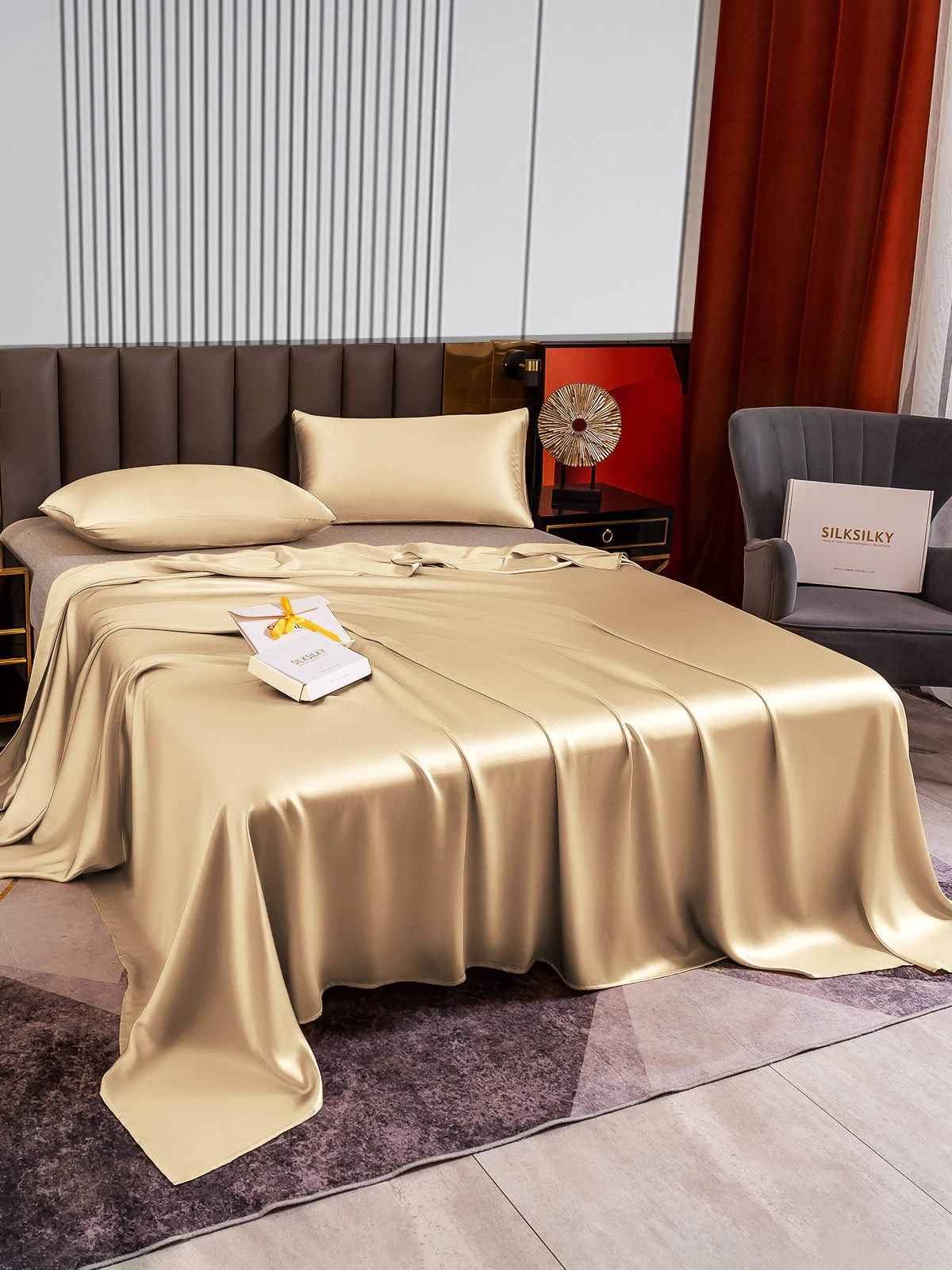 22Momme 3Pcs Silk Set Flat Sheet+2x Pillowcases - Image 59