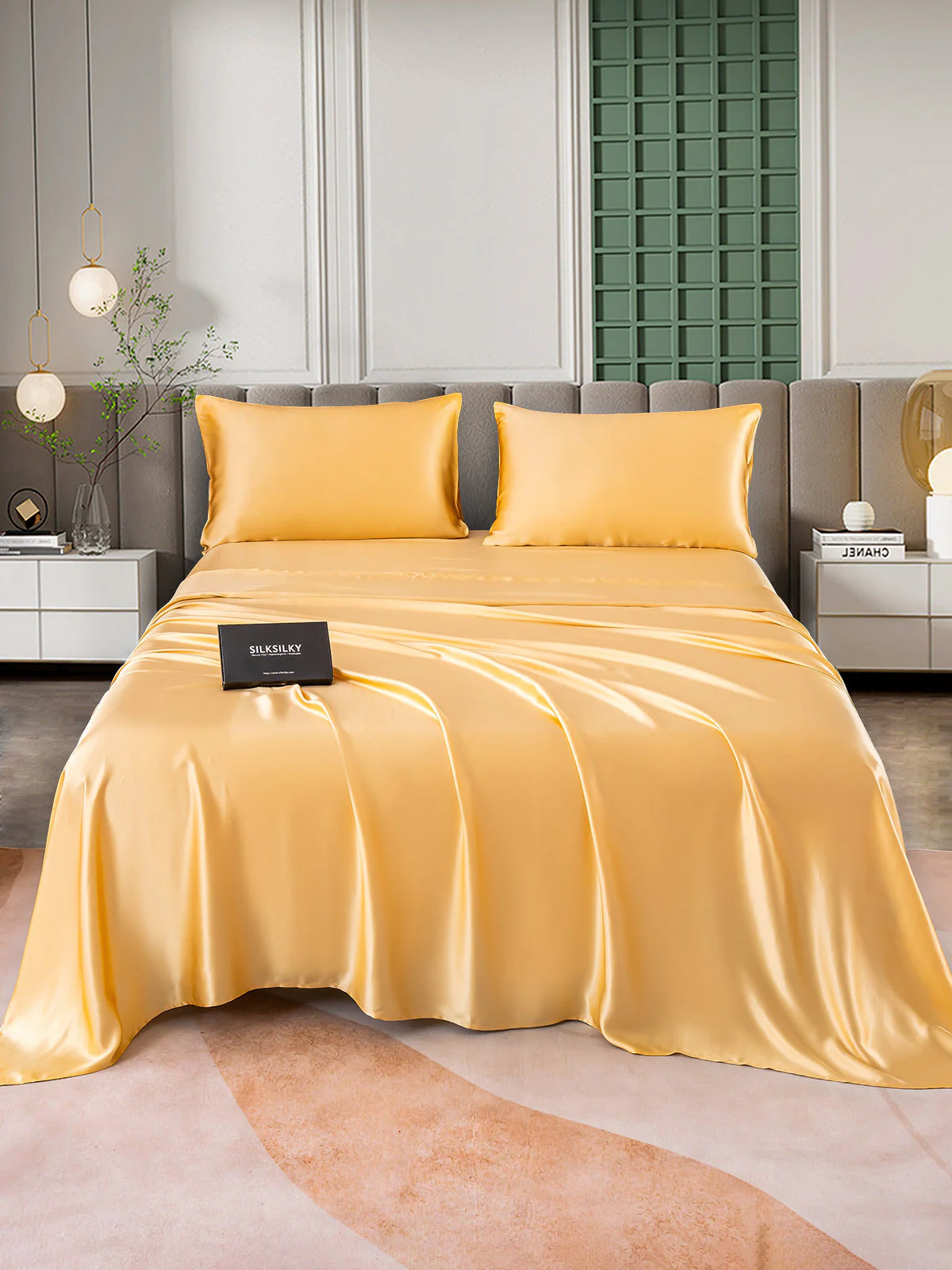 25Momme Silk 4Pcs Set Fitted&Flat Sheets+2x Pillowcases - Image 41