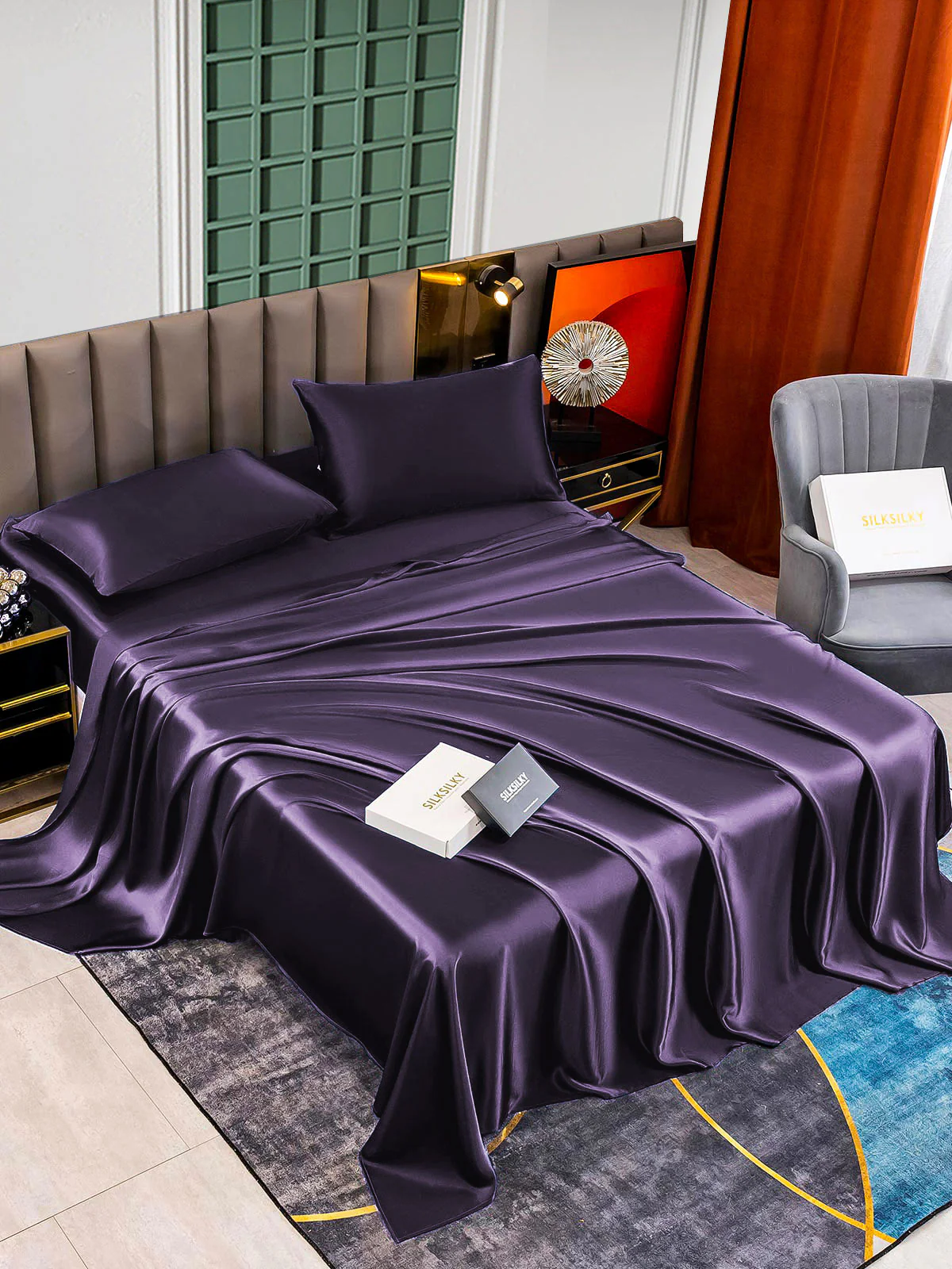 25Momme Silk 4Pcs Set Fitted&Flat Sheets+2x Pillowcases - Image 51