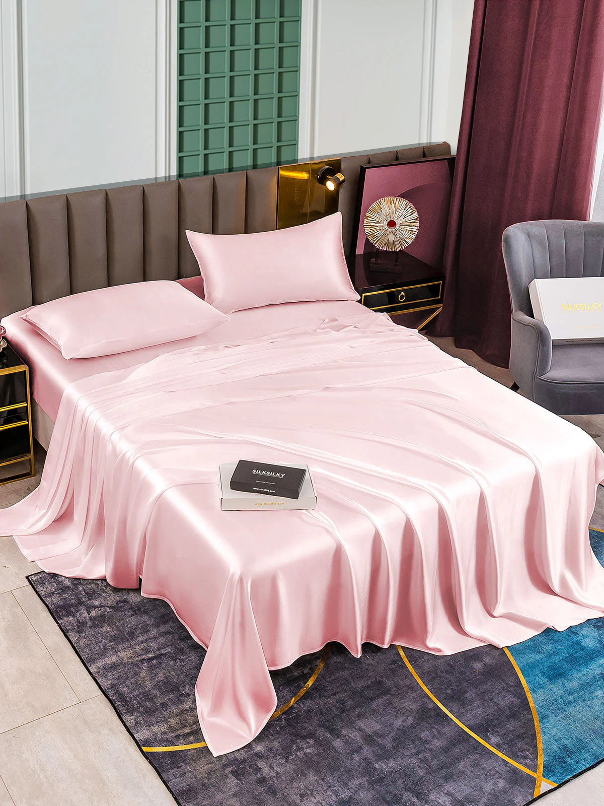 25Momme Silk 4Pcs Set Fitted&Flat Sheets+2x Pillowcases - Image 54