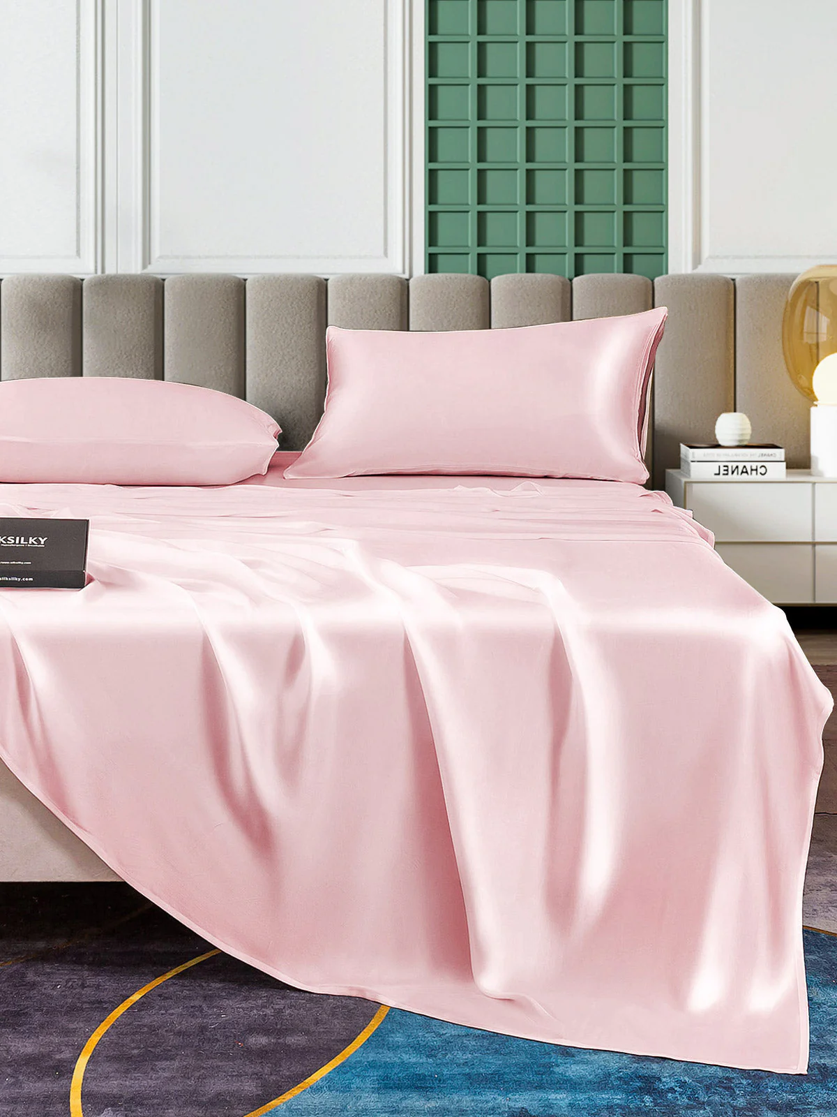 25Momme Silk 4Pcs Set Fitted&Flat Sheets+2x Pillowcases - Image 58