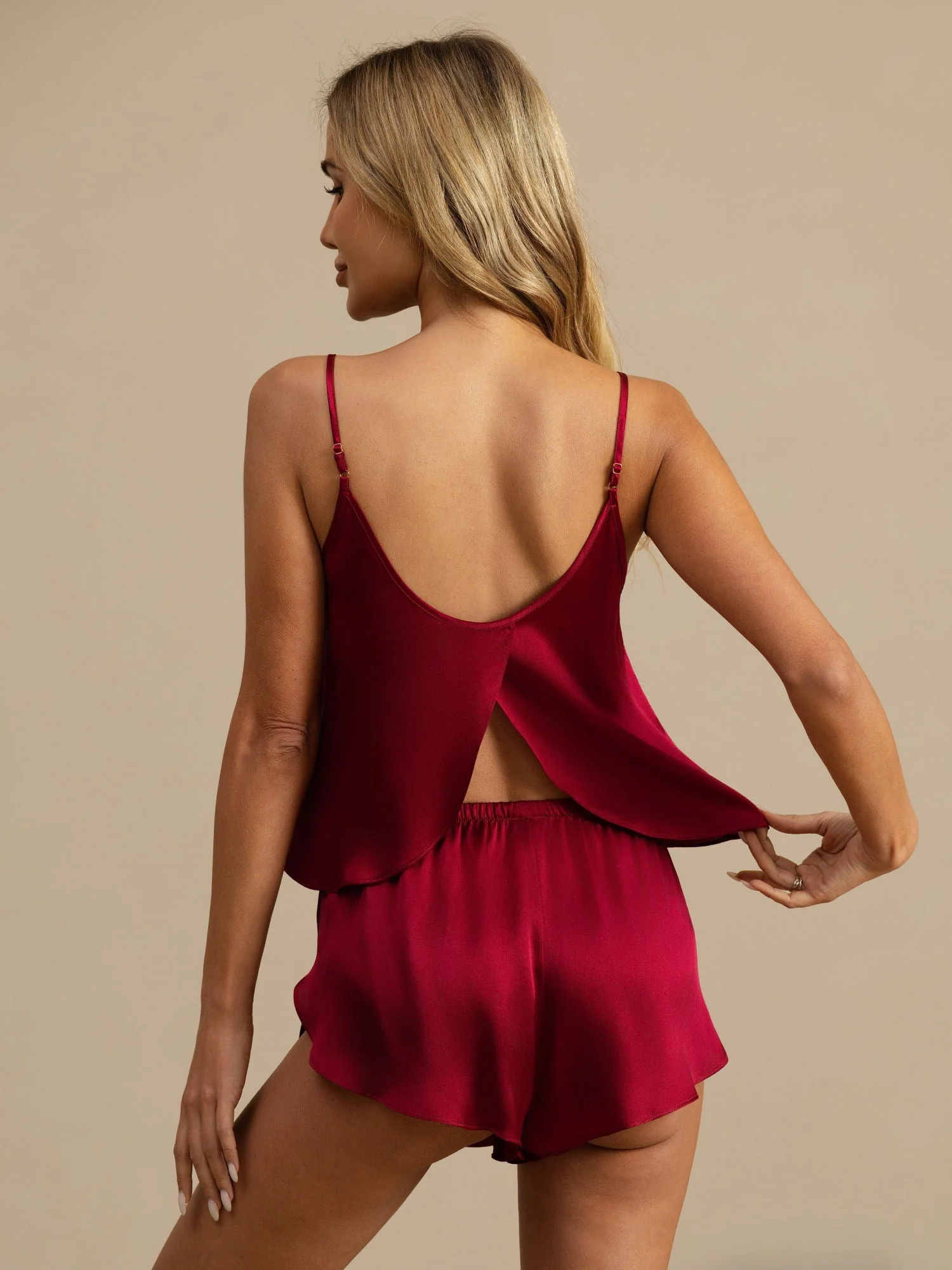 Pure Silk Spaghetti Strap Round Neck Above the Knee Camisole Set with Split Design - Image 57