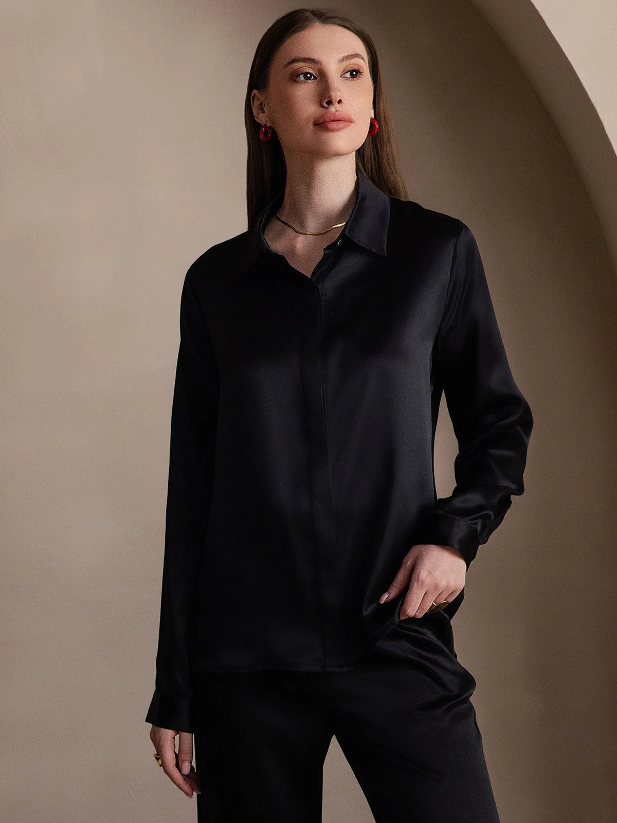 19Momme Silk Long Sleeve Lapel Collar Women's Shirt - Image 22