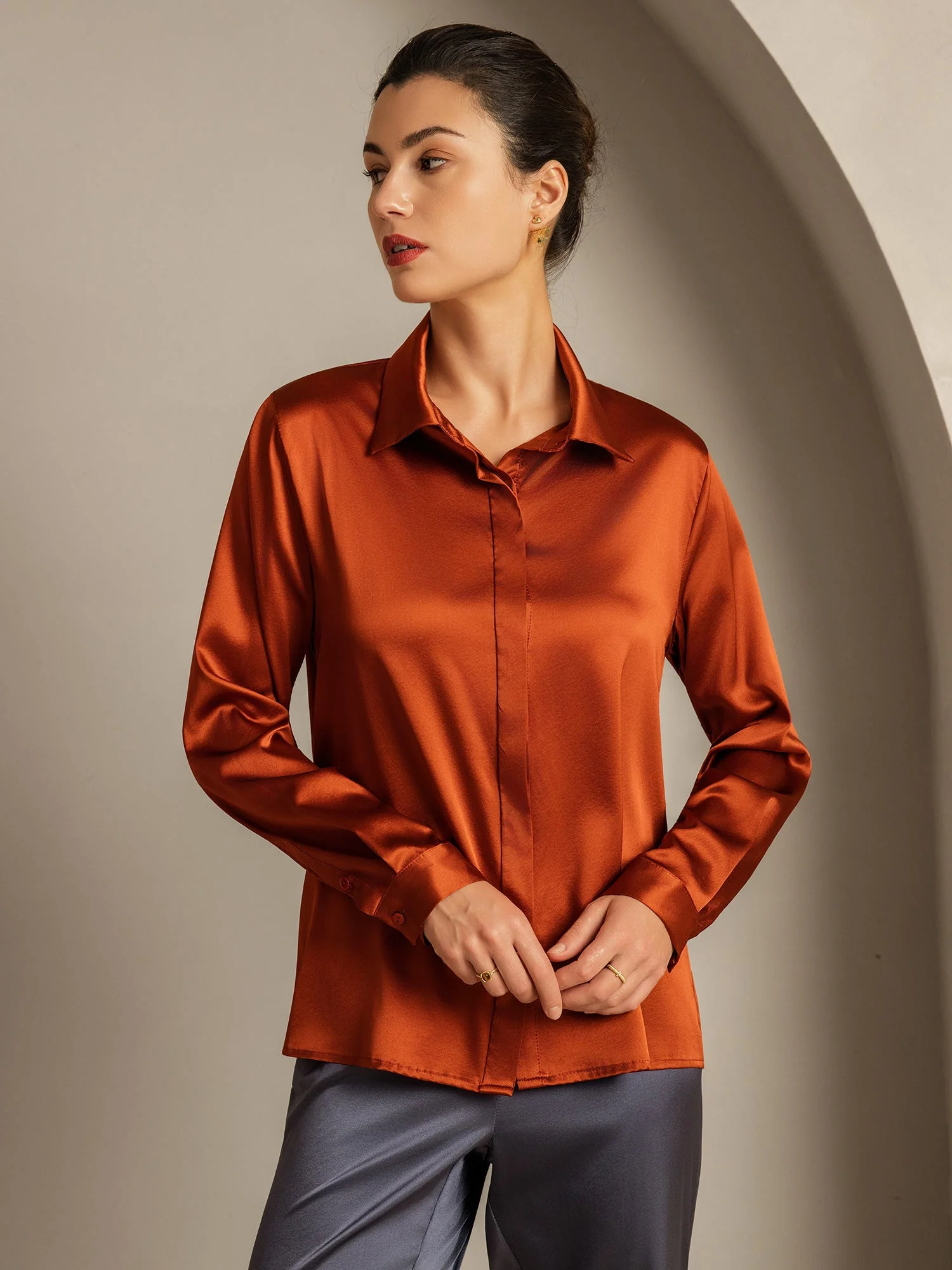 19Momme Silk Long Sleeve Lapel Collar Women's Shirt - Image 33