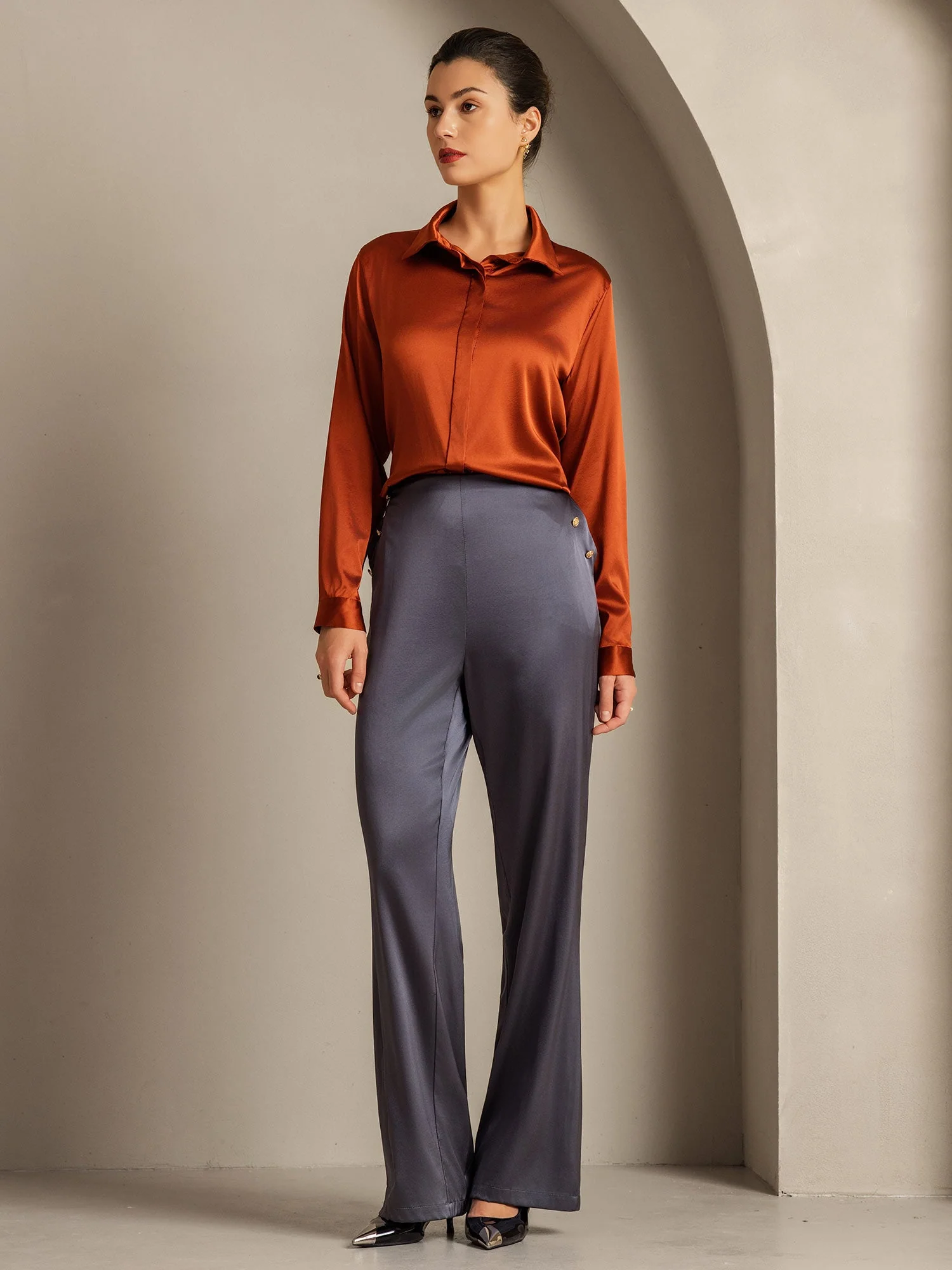 19Momme Silk Long Sleeve Lapel Collar Women's Shirt - Image 41