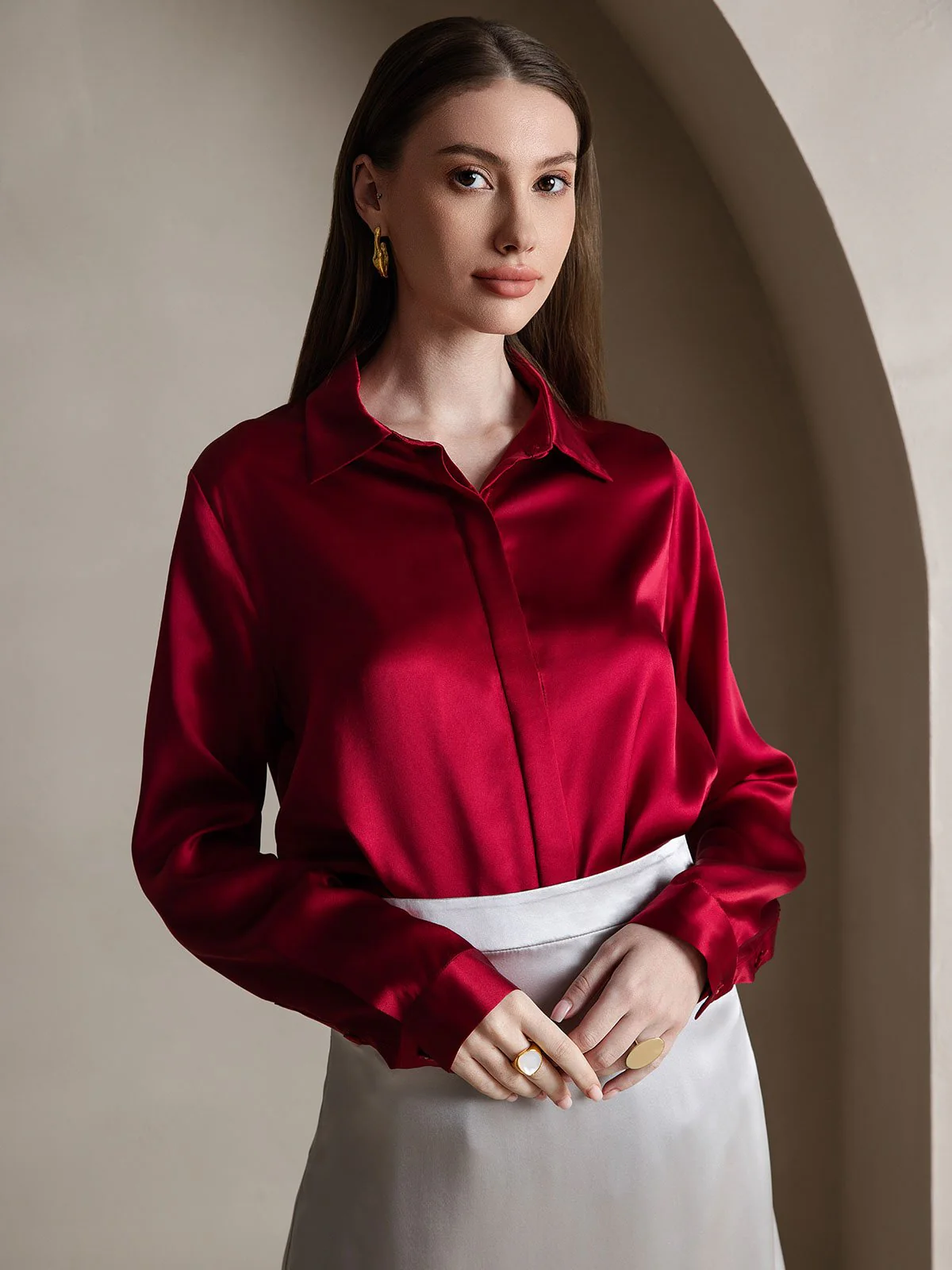 19Momme Silk Long Sleeve Lapel Collar Women's Shirt - Image 45