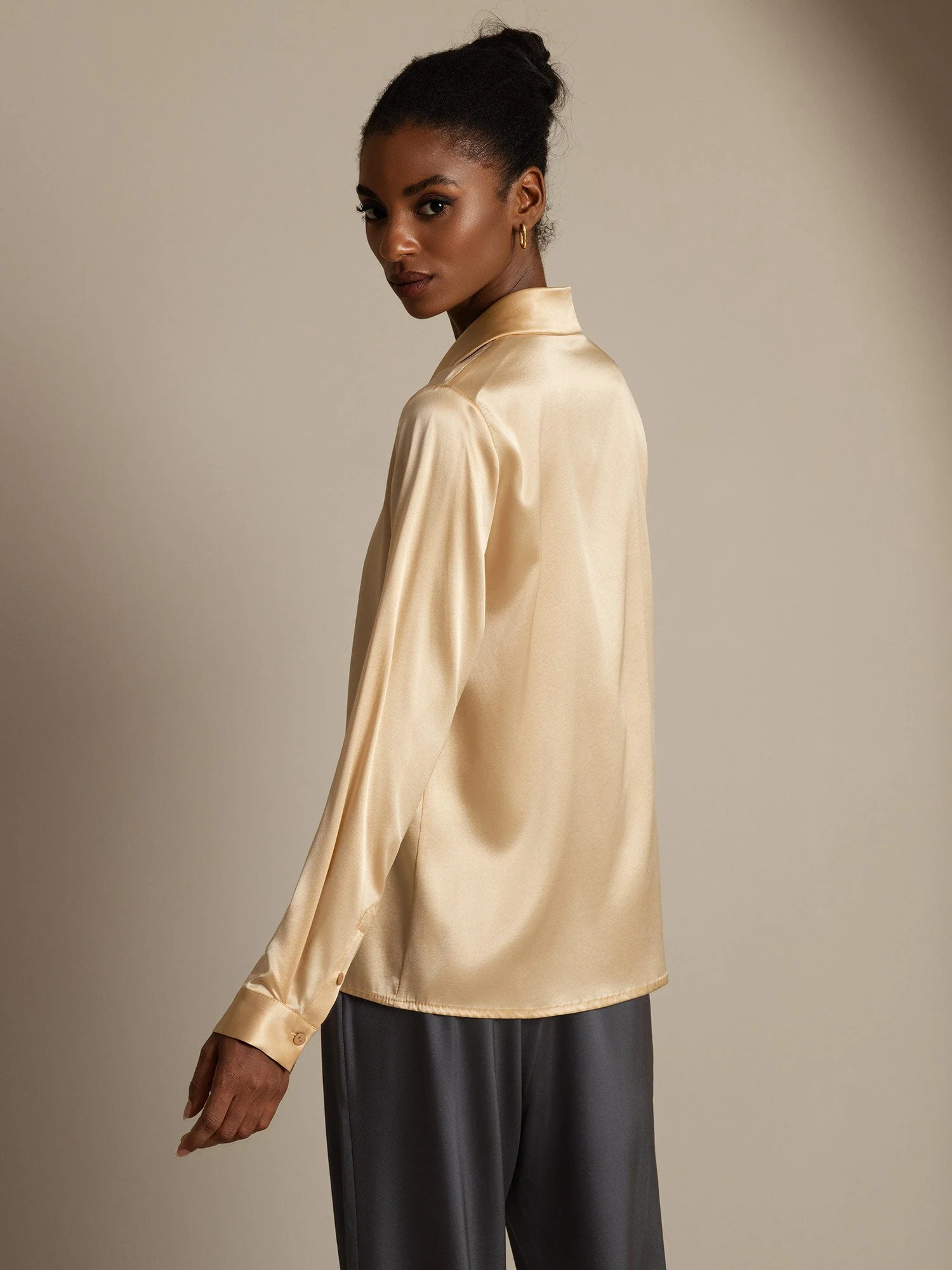 19Momme Silk Long Sleeve Lapel Collar Women's Shirt - Image 50