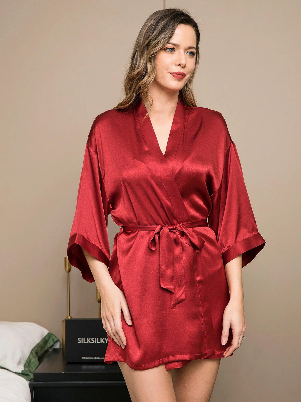 Pure Silk 3/4 Sleeve Short Women's Kimono Dressing Gown with Wrap Design - Image 54