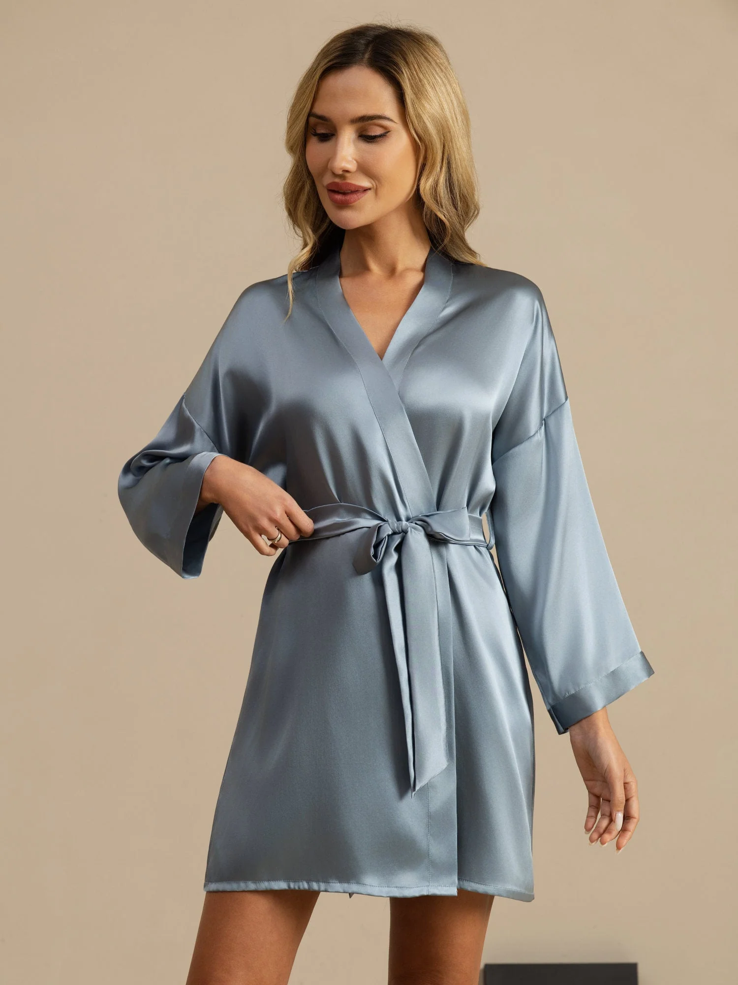 Pure Silk Short Women's Kimono Dressing Gown with Wrap Design - Image 51