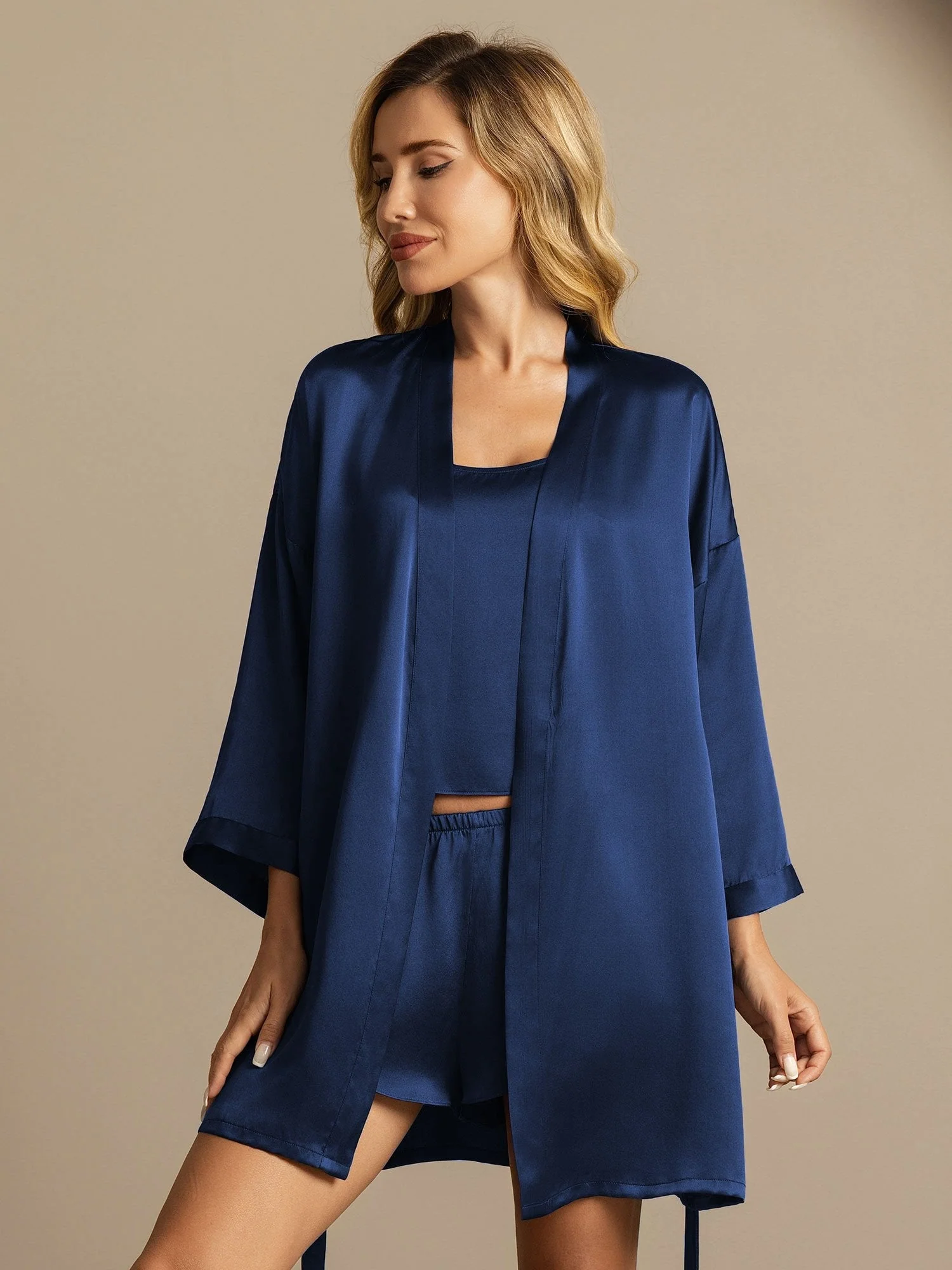 100% Mulberry Silk 3Pcs Elegant Robe & Cami Shorts Set for Women - Image 7
