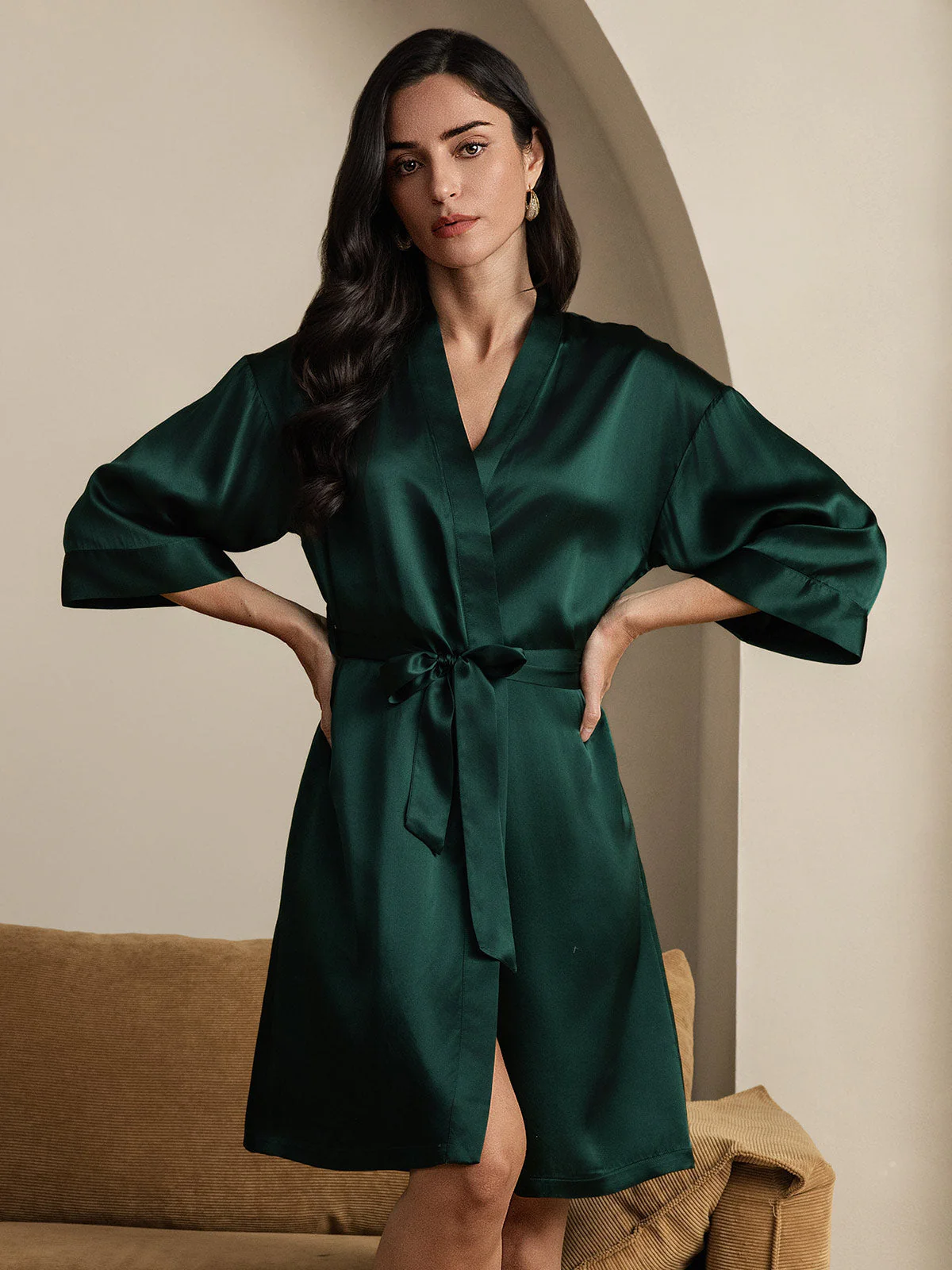 100% Mulberry Silk 3/4 Sleeve Women's Kimono Wrap Robe - Image 25