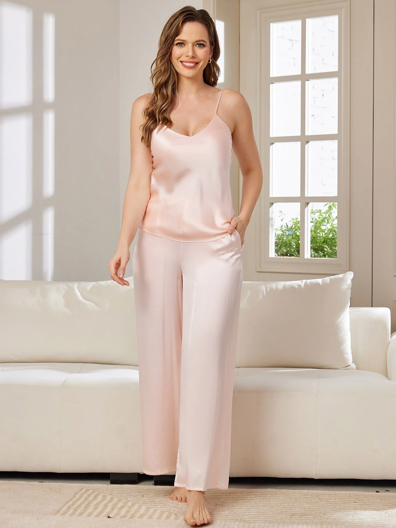 Pure Silk Spaghetti Strap V Neck Cami & Wide Leg Pants Set - Image 36