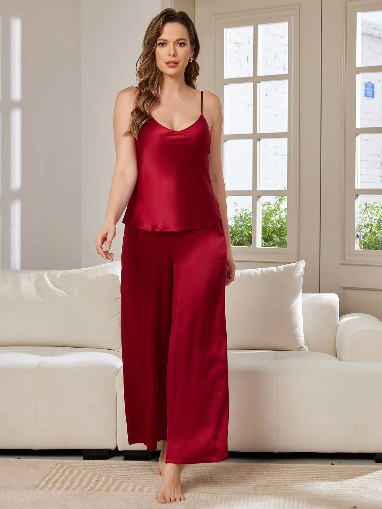 Pure Silk Spaghetti Strap V Neck Cami & Wide Leg Pants Set - Image 41