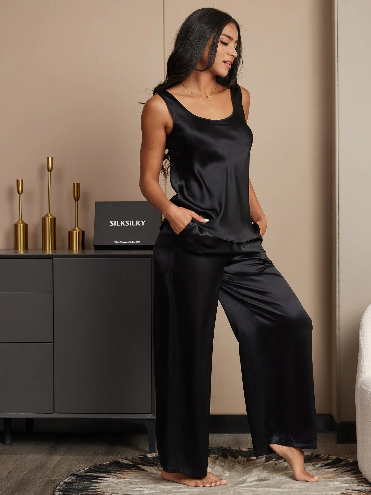 Pure Silk Sleeveless U-Neck Tank Top & Wide Leg Pants Set - Image 14