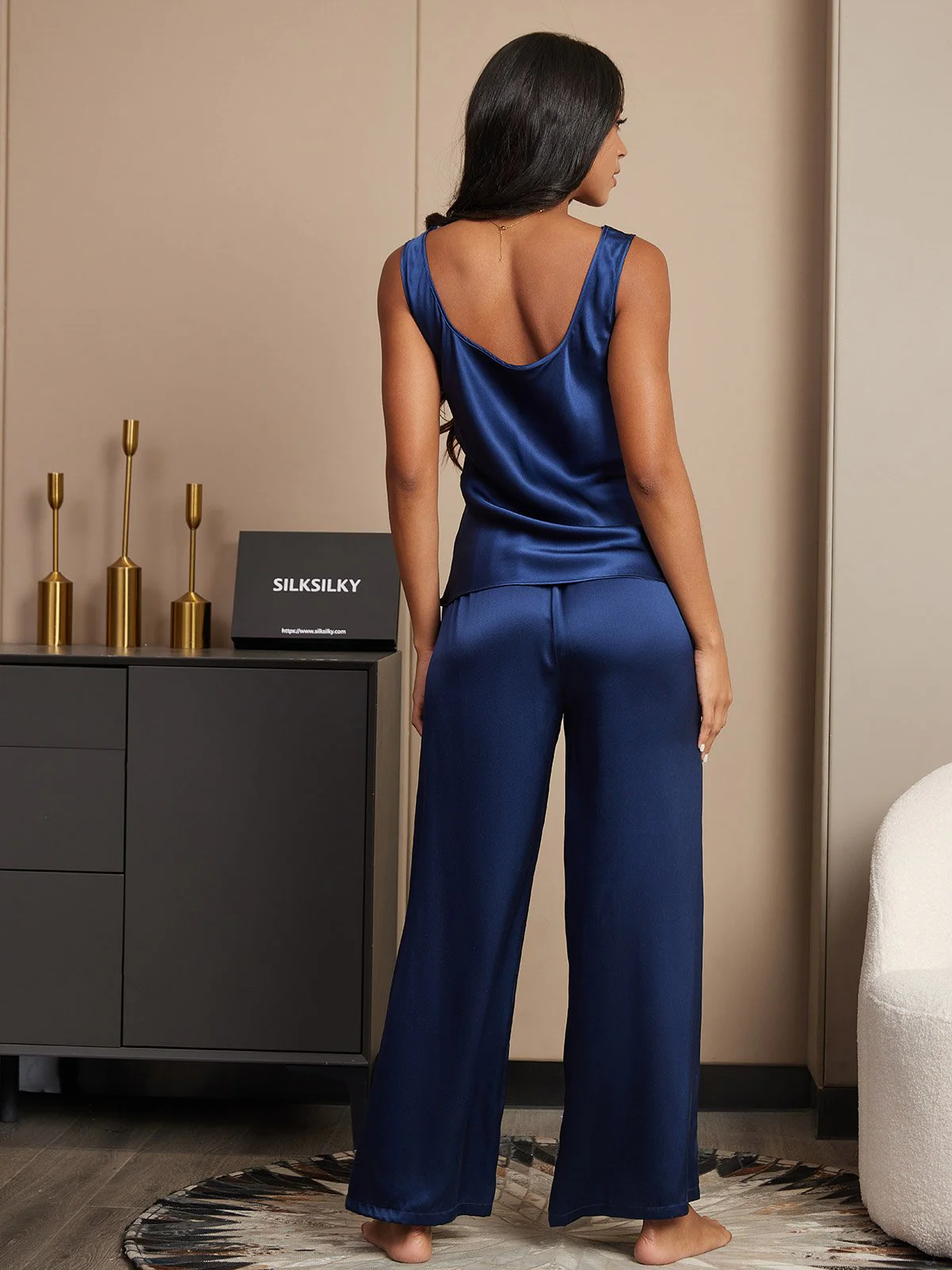 Pure Silk Sleeveless U-Neck Tank Top & Wide Leg Pants Set - Image 7