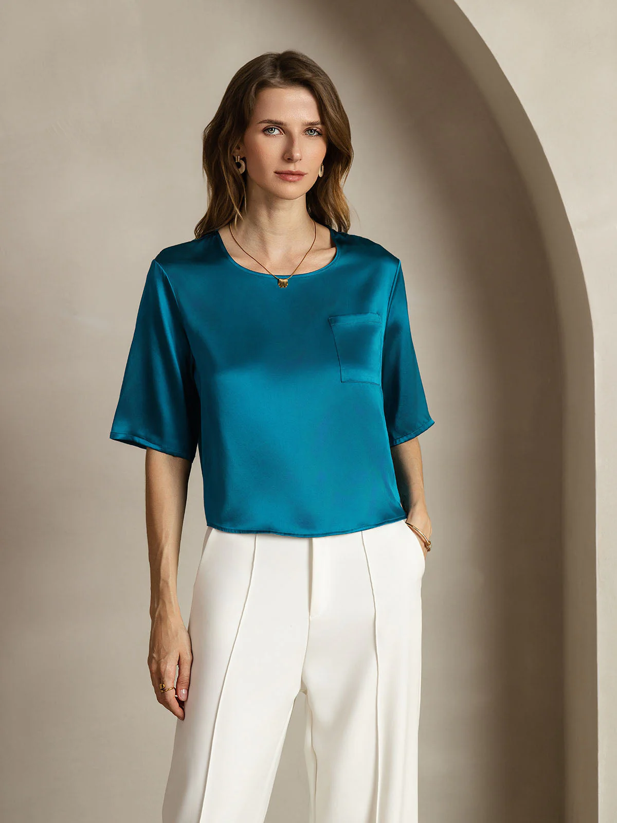 Pure Silk Half Sleeve U Neck Women's T-Shirt - Image 29