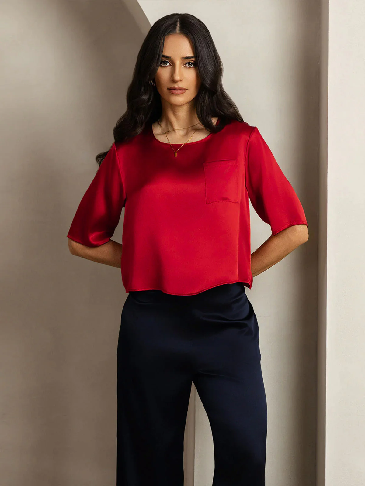 Pure Silk Half Sleeve U Neck Women's T-Shirt - Image 34