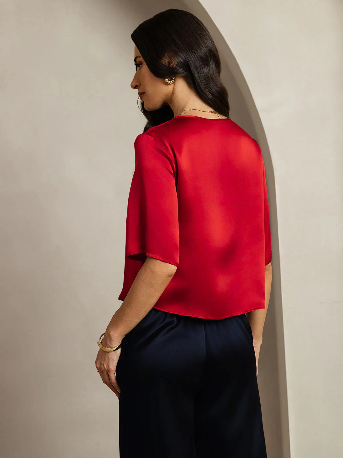 Pure Silk Half Sleeve U Neck Women's T-Shirt - Image 35