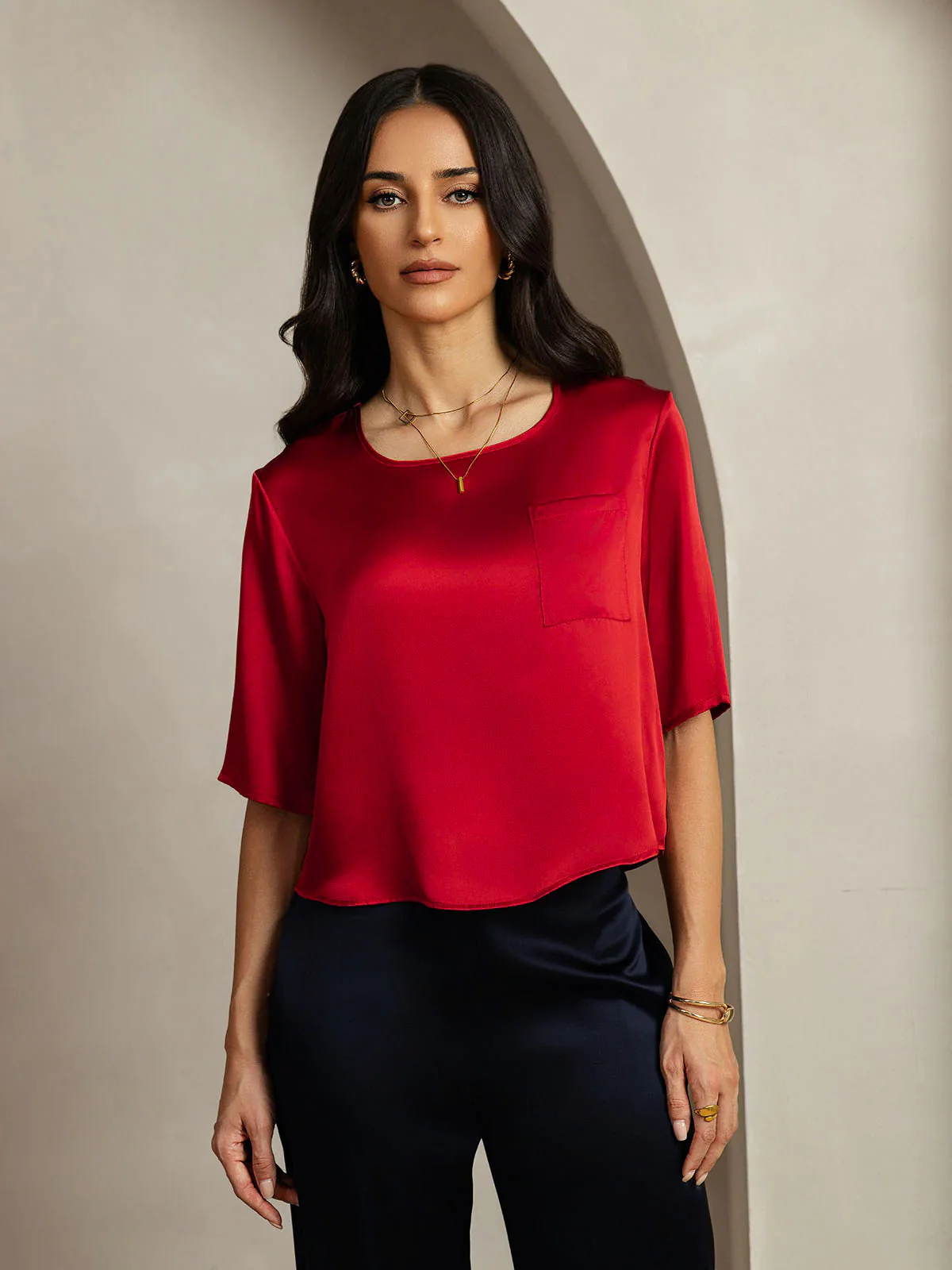 Pure Silk Half Sleeve U Neck Women's T-Shirt - Image 36