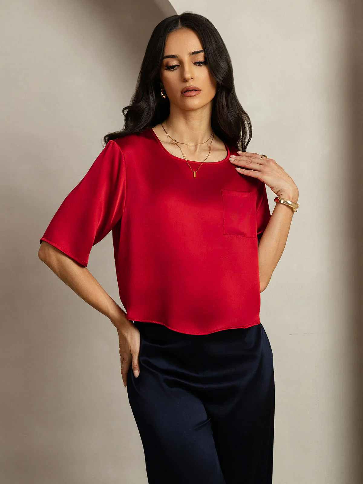 Pure Silk Half Sleeve U Neck Women's T-Shirt - Image 38