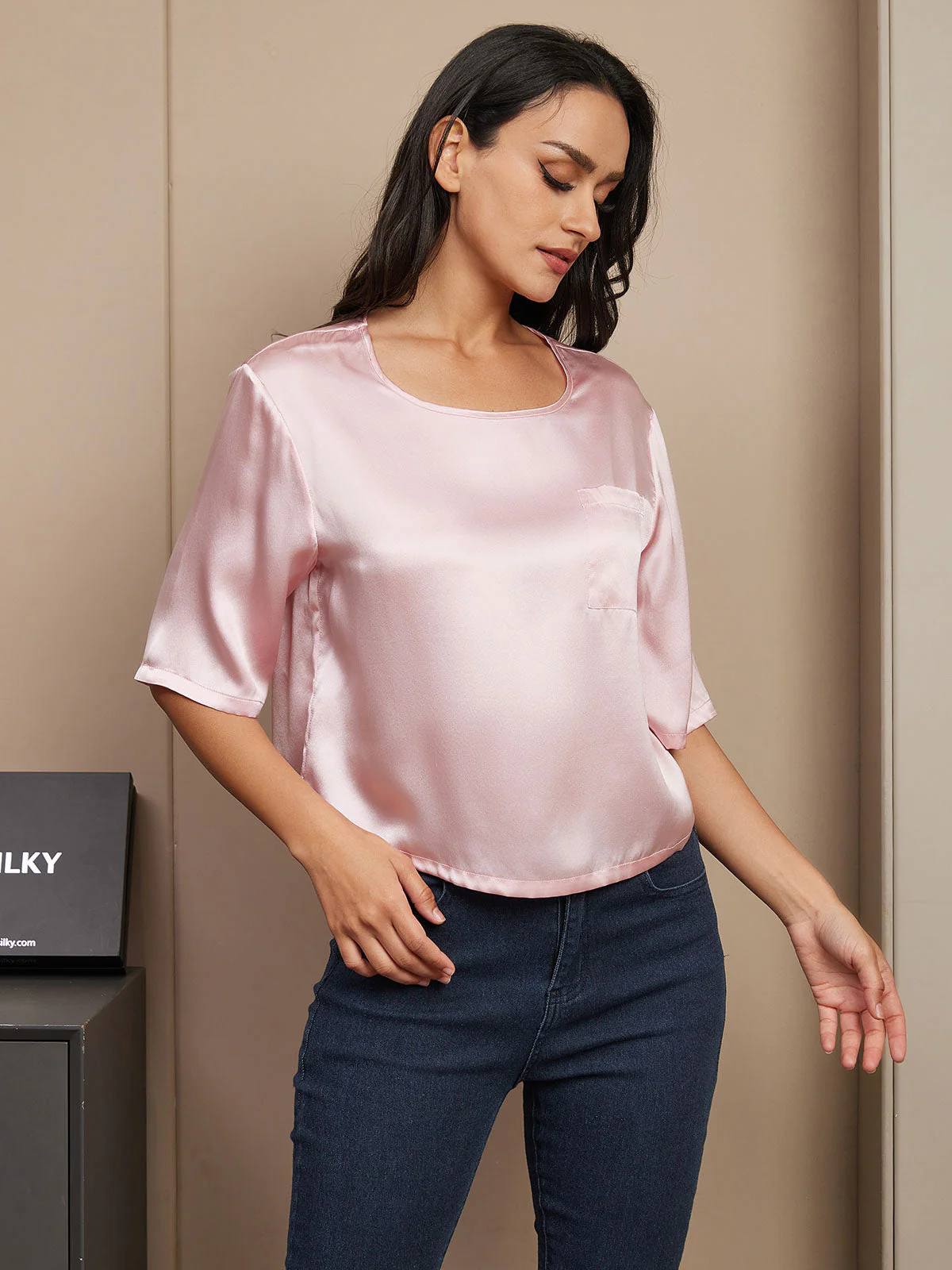 Pure Silk Half Sleeve U Neck Women's T-Shirt - Image 41