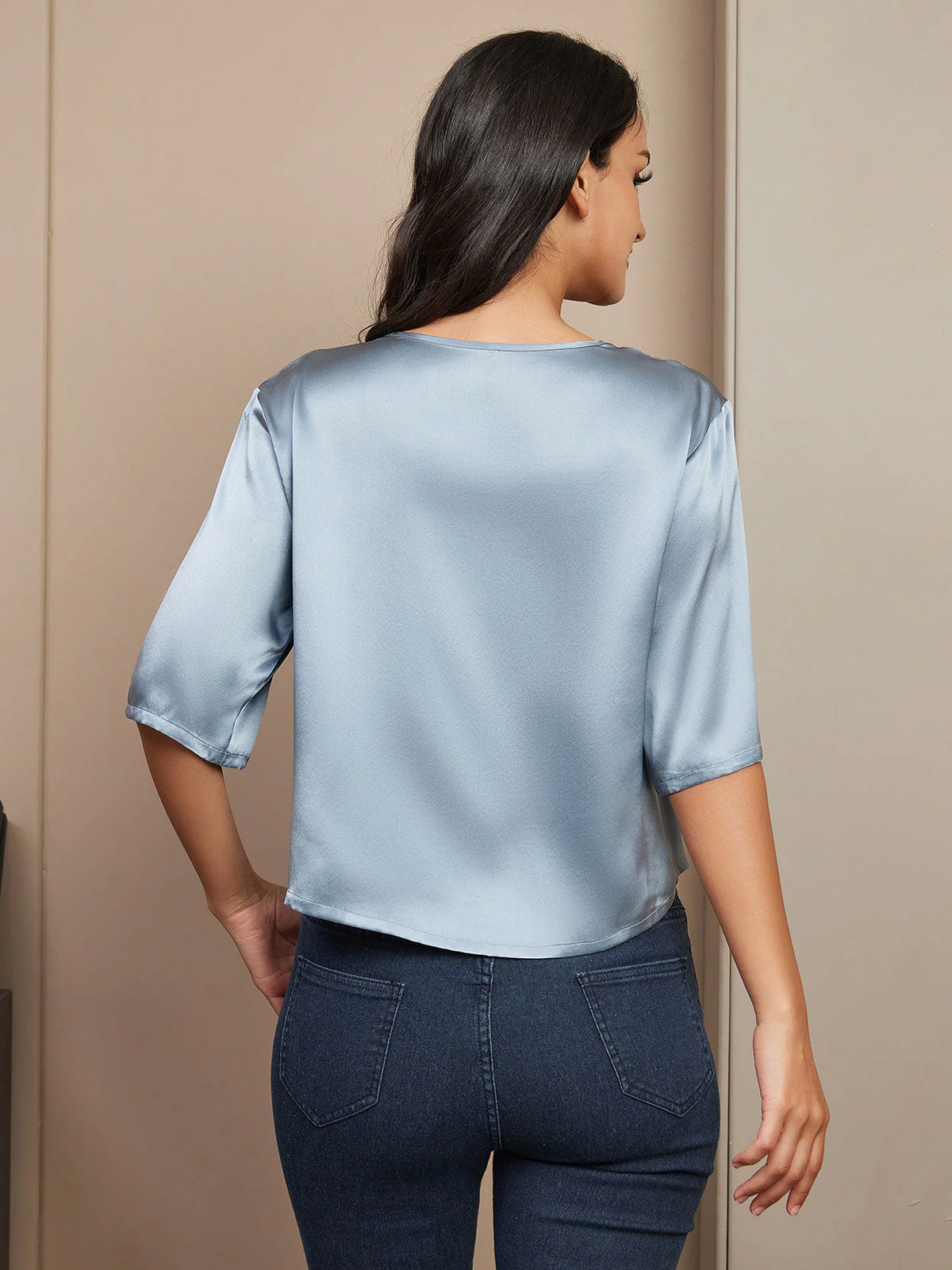 Pure Silk Half Sleeve U Neck Women's T-Shirt - Image 49