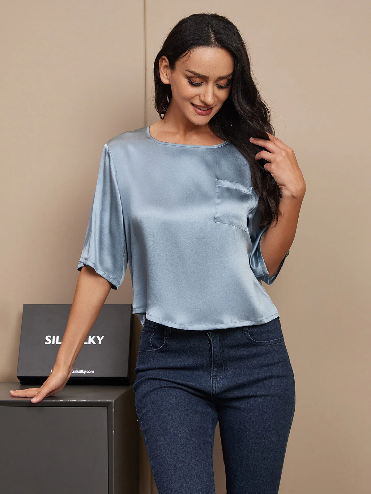 Pure Silk Half Sleeve U Neck Women's T-Shirt - Image 51