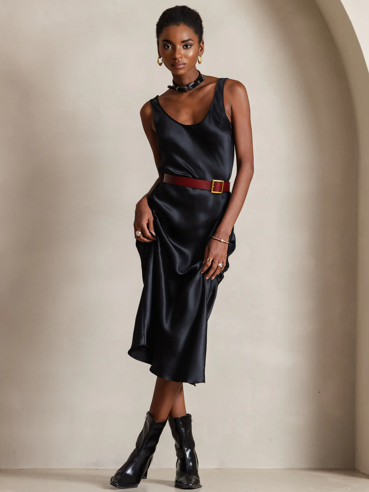 Pure Silk Sleeveless U Neck Midi Dress